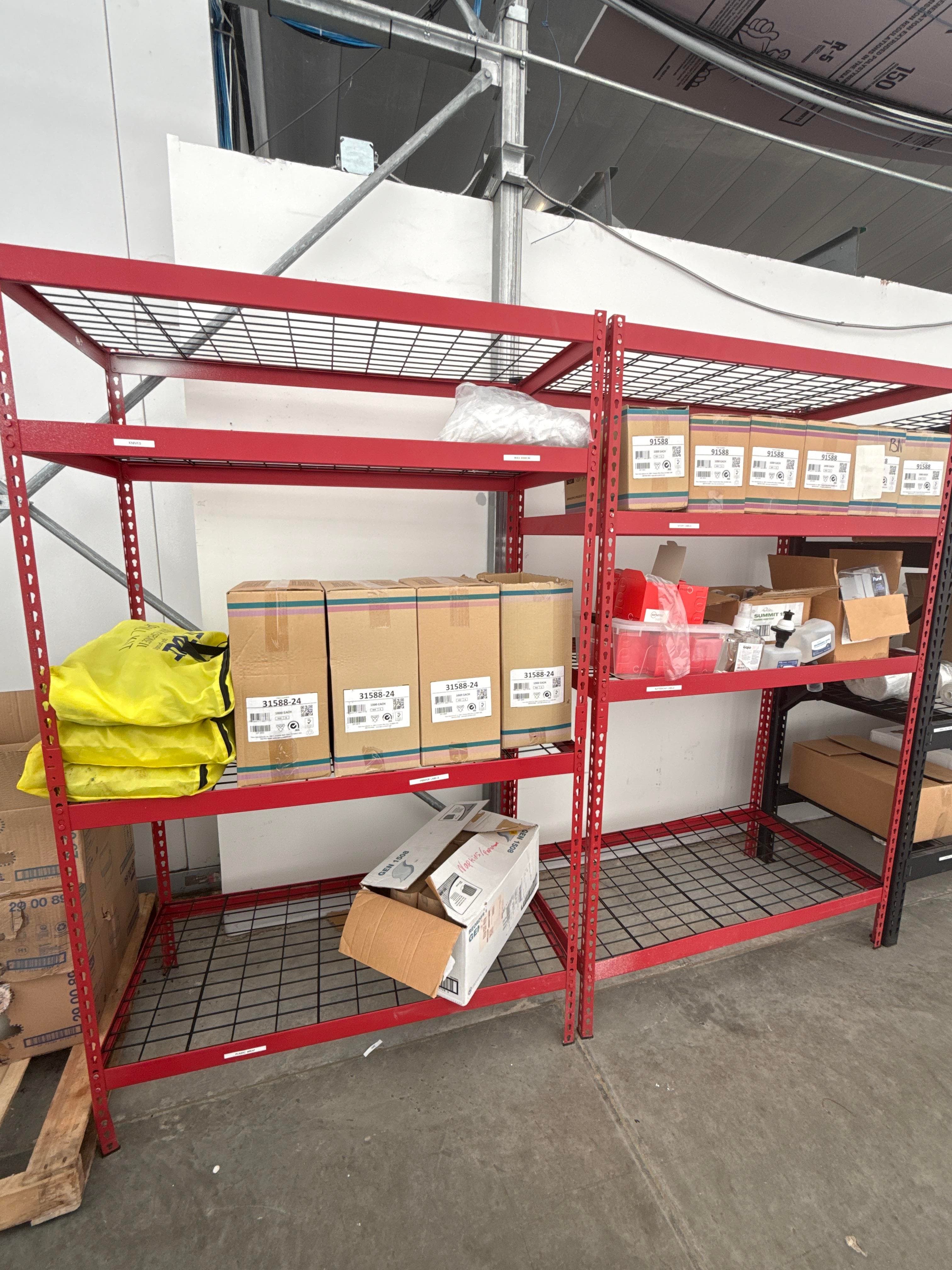 (3) Commercial Wire Storage Shelving Units with Hairnets, Beard Nets & PPE Supplies