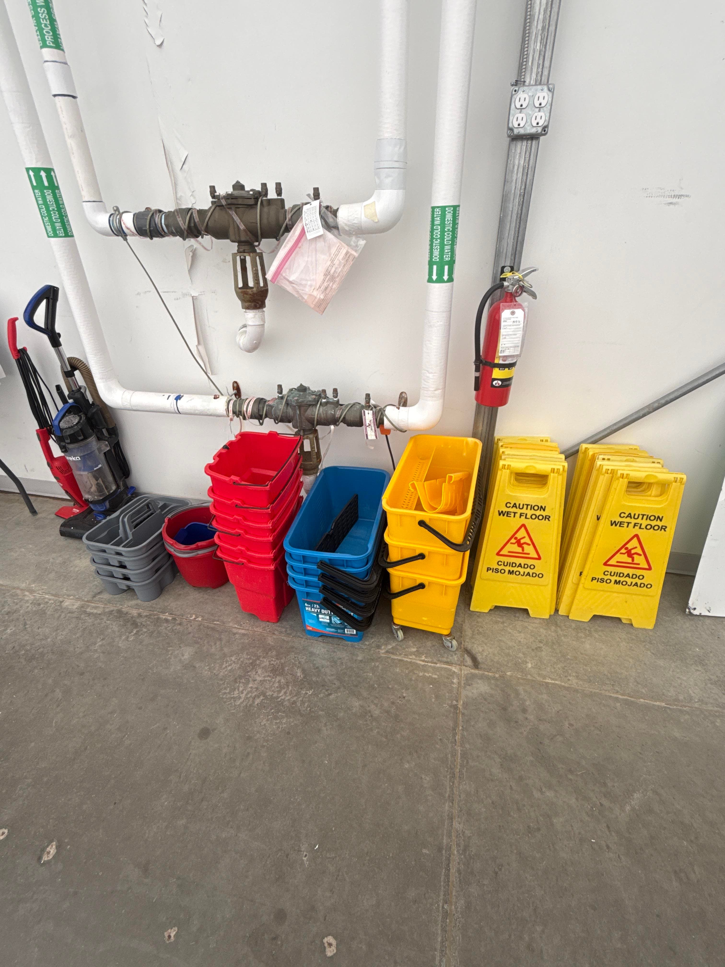 Bulk Janitorial Lot with Mop Buckets, Wet Floor Signs, Bins & Vacuum
