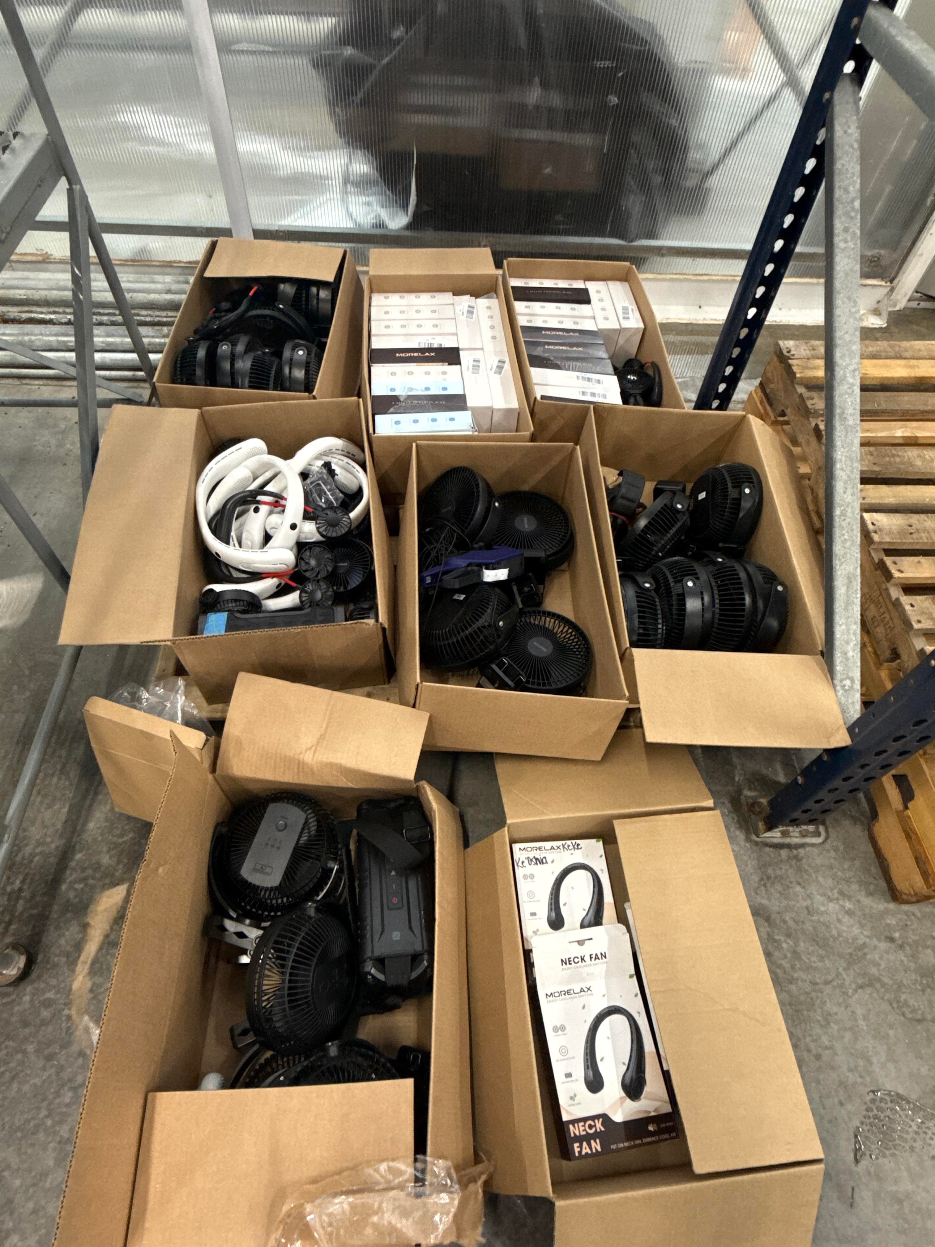 Bulk Personal Cooling & Electronics Lot - Morelax Neck Fans, Bluetooth Speakers & Label Maker