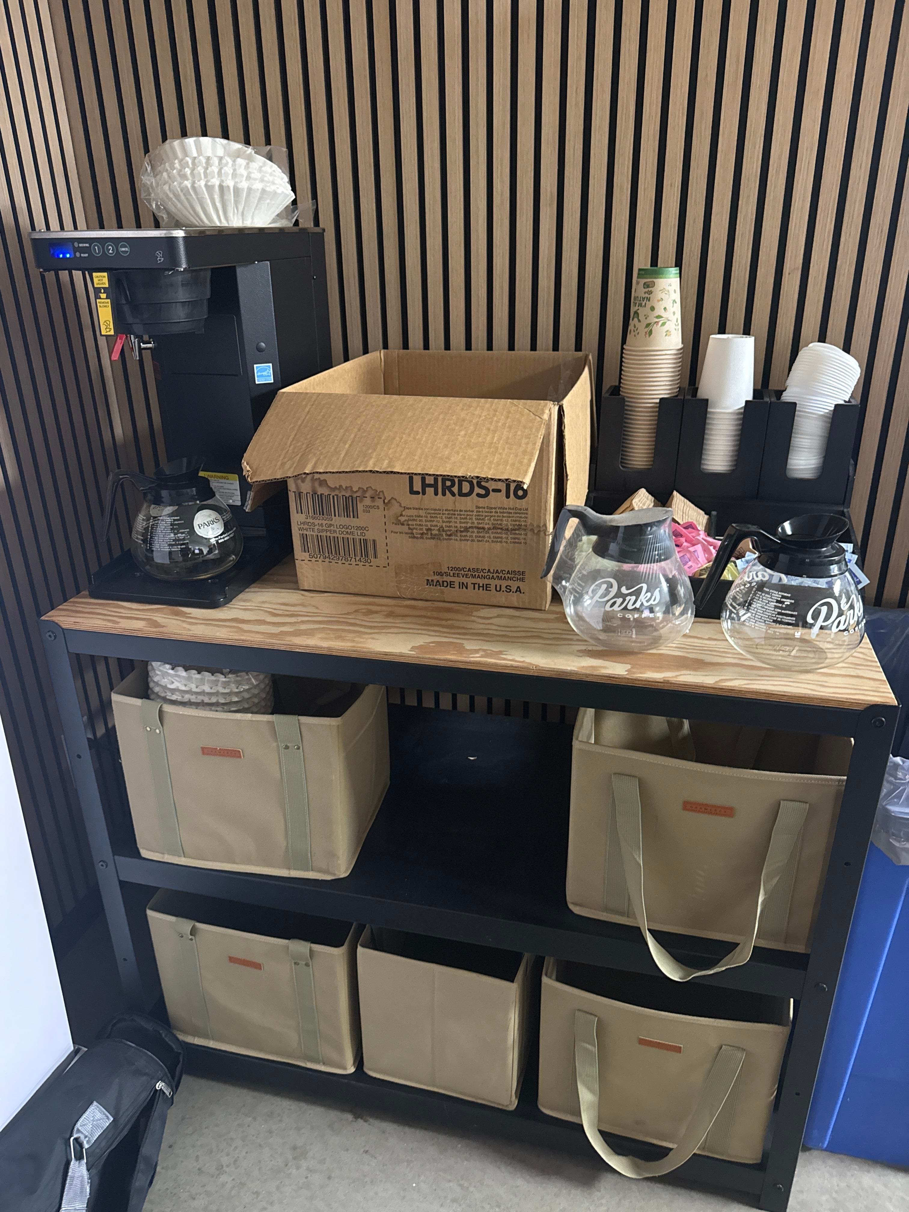 Commercial Coffee Station Rack with Bunn Brewer, Carafes, Cups and Supplies