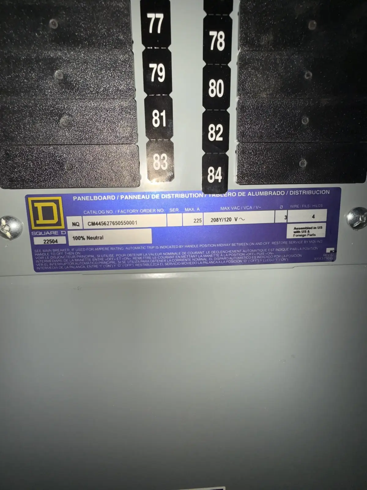 SB7059: Square D Panelboard 208Y 120V 225A