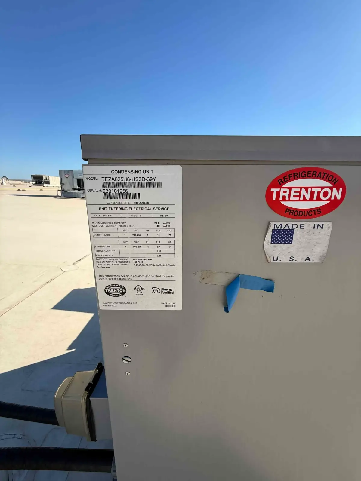 SB6016: RCU-10 – Trenton TEZA025H8-HS2D-39Y, 2.5 HP Outdoor Air-Cooled Condensing Unit, 208-230V 3-Phase (High/Medium Temp, Copeland Semi-Hermetic)