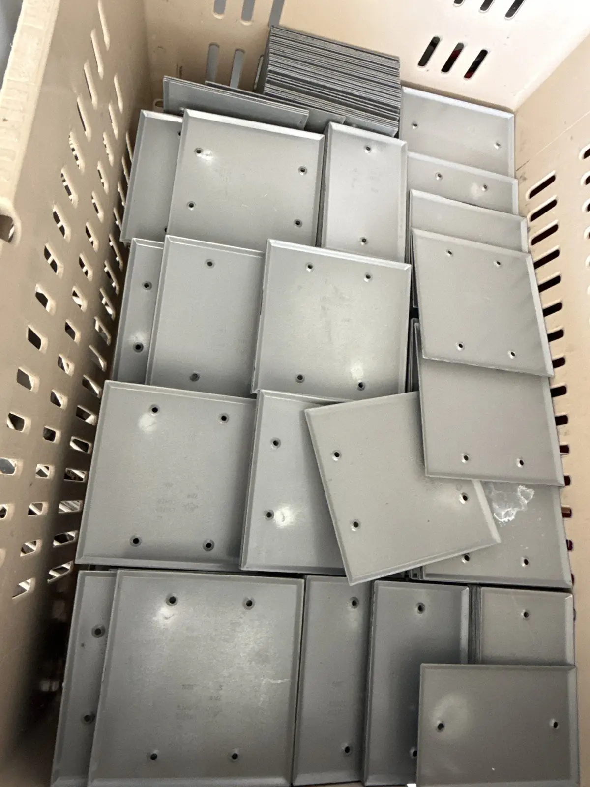 Bulk Bin of Steel Electrical Box Blank Cover Plates - 4" Square & 2-Gang, Gray - Est. 150+ Pieces | Chesterton, IN