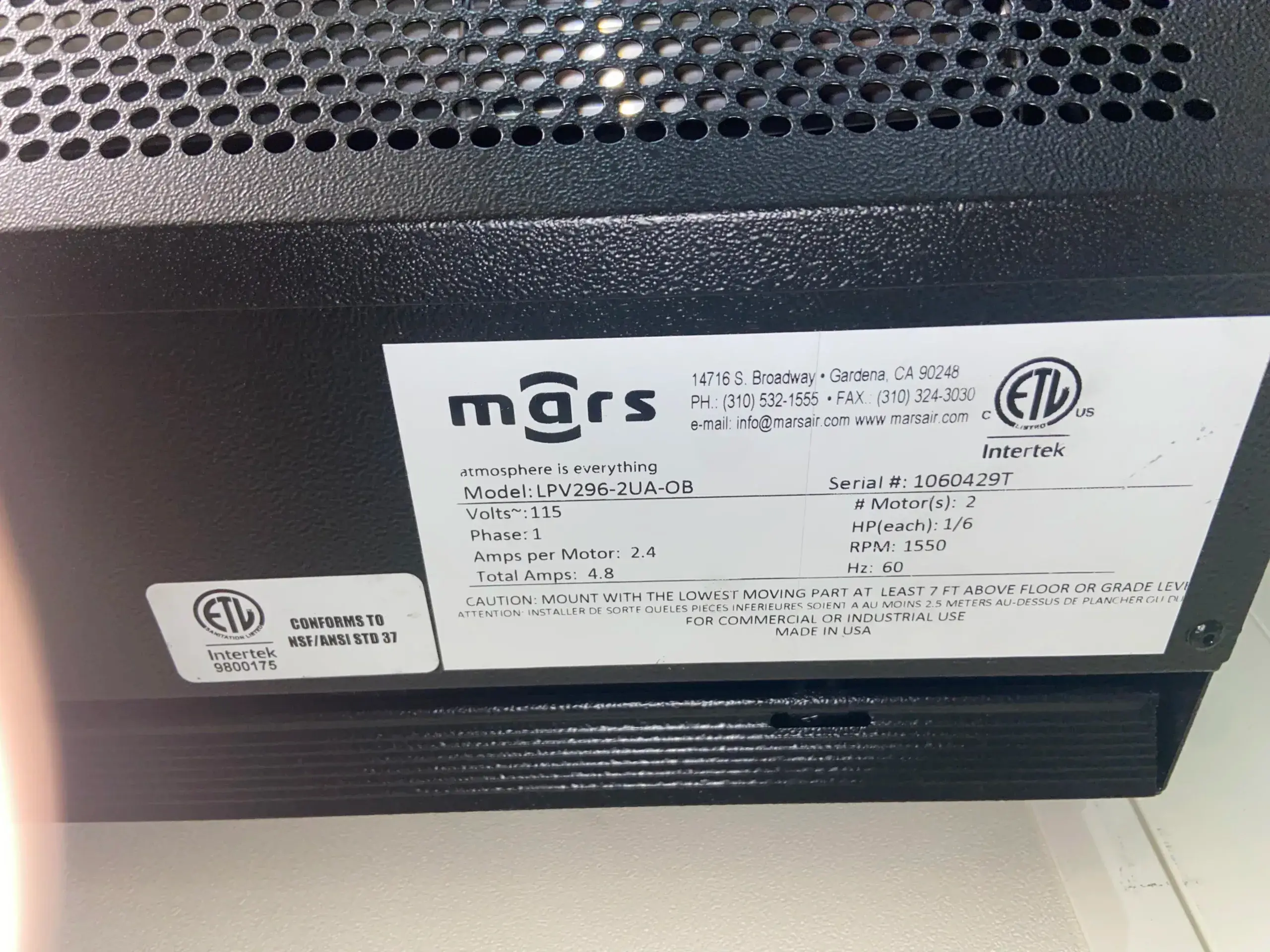AEROFARMS LOT 13 - Guard Your Entrance: MARS LPV296-2UA-OB Low Profile Air Curtain for Effective Environmental and Insect Control