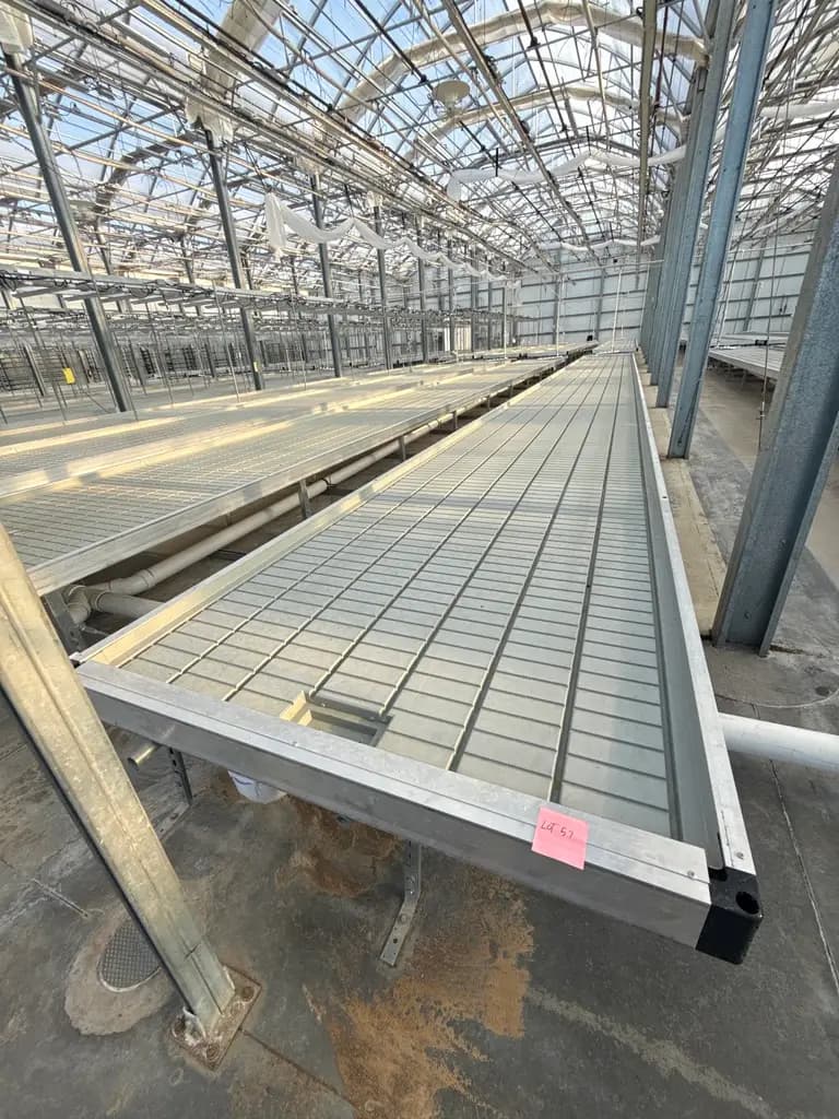 (6) Rolling Greenhouse Benches with Staal & Plast Flood Trays – 1,785 SF Total Canopy
