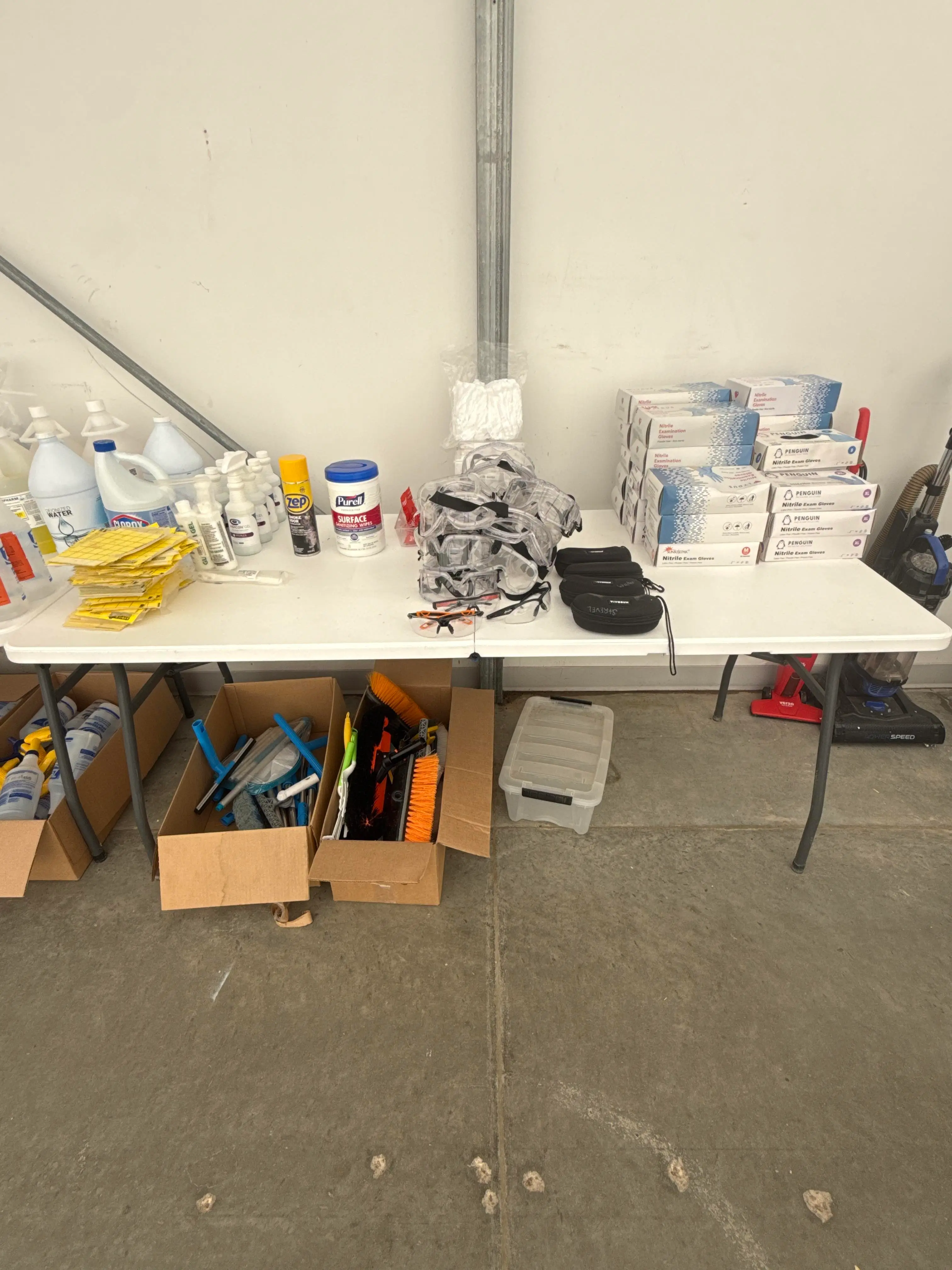 Bulk PPE & Janitorial Lot with Gloves, Goggles, Wipes, Brushes & Supplies