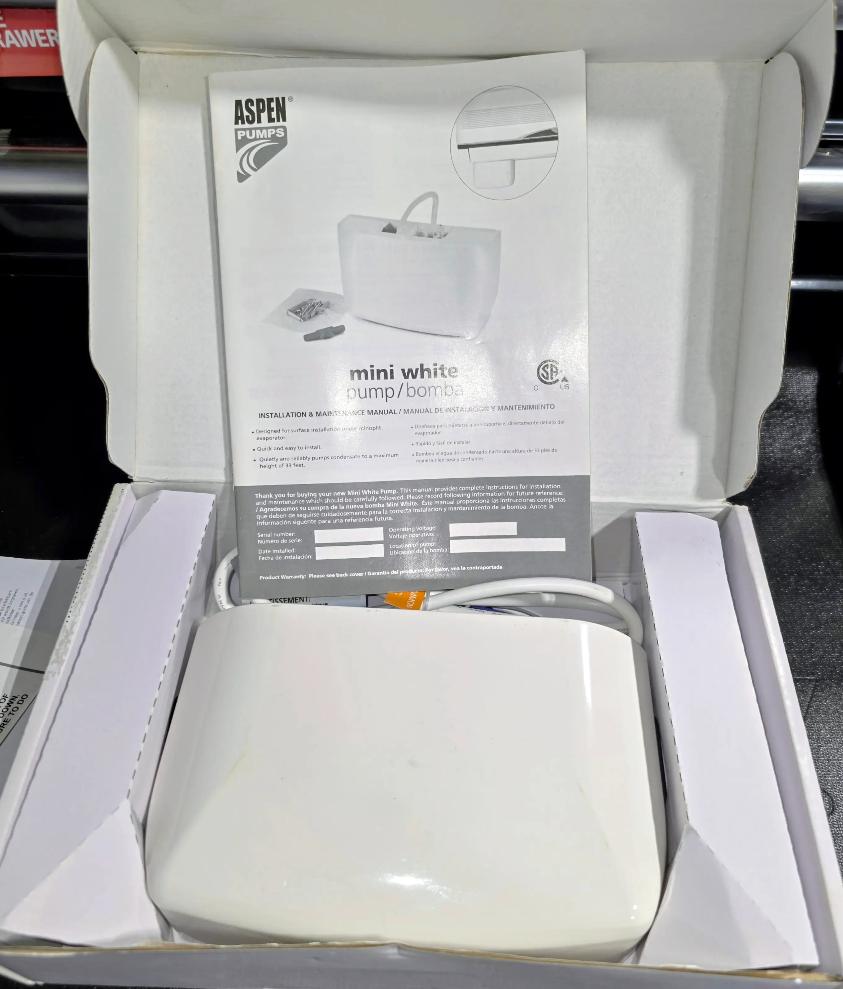 Aspen Pumps Mini White Condensate Pump Kit (100-250V, 33 ft. Max Lift) - New in Box