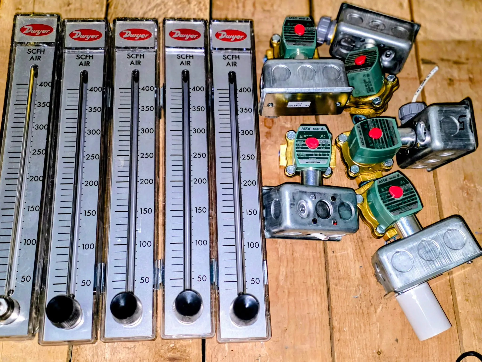 (5) Dwyer RMC-104 Rate-Master Flowmeters & (5) ASCO Red Hat II 8210G Solenoid Valves