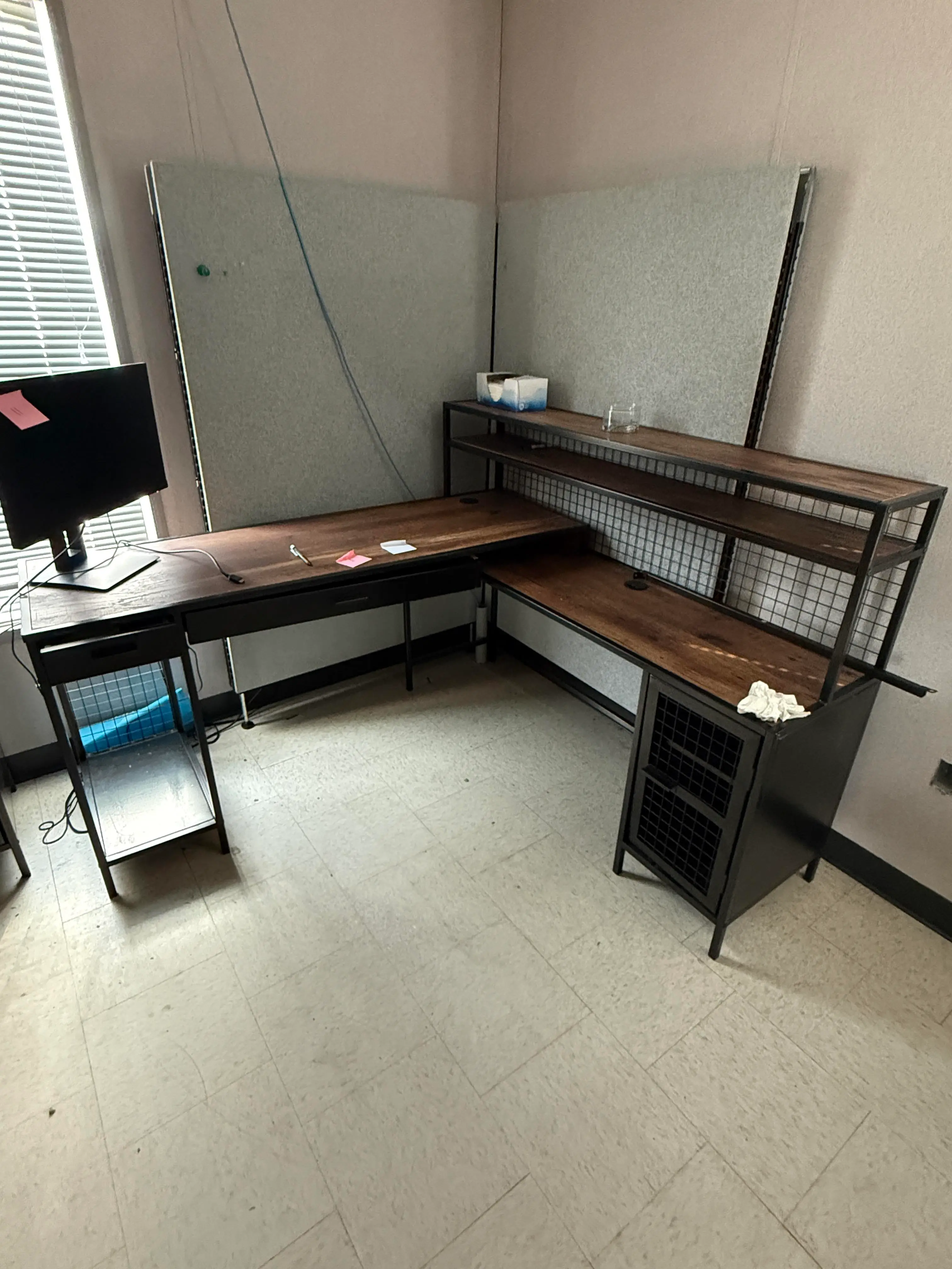 Industrial L-Shaped Office Desk with Hutch, Storage Cabinet, and Panel Divider Backwall