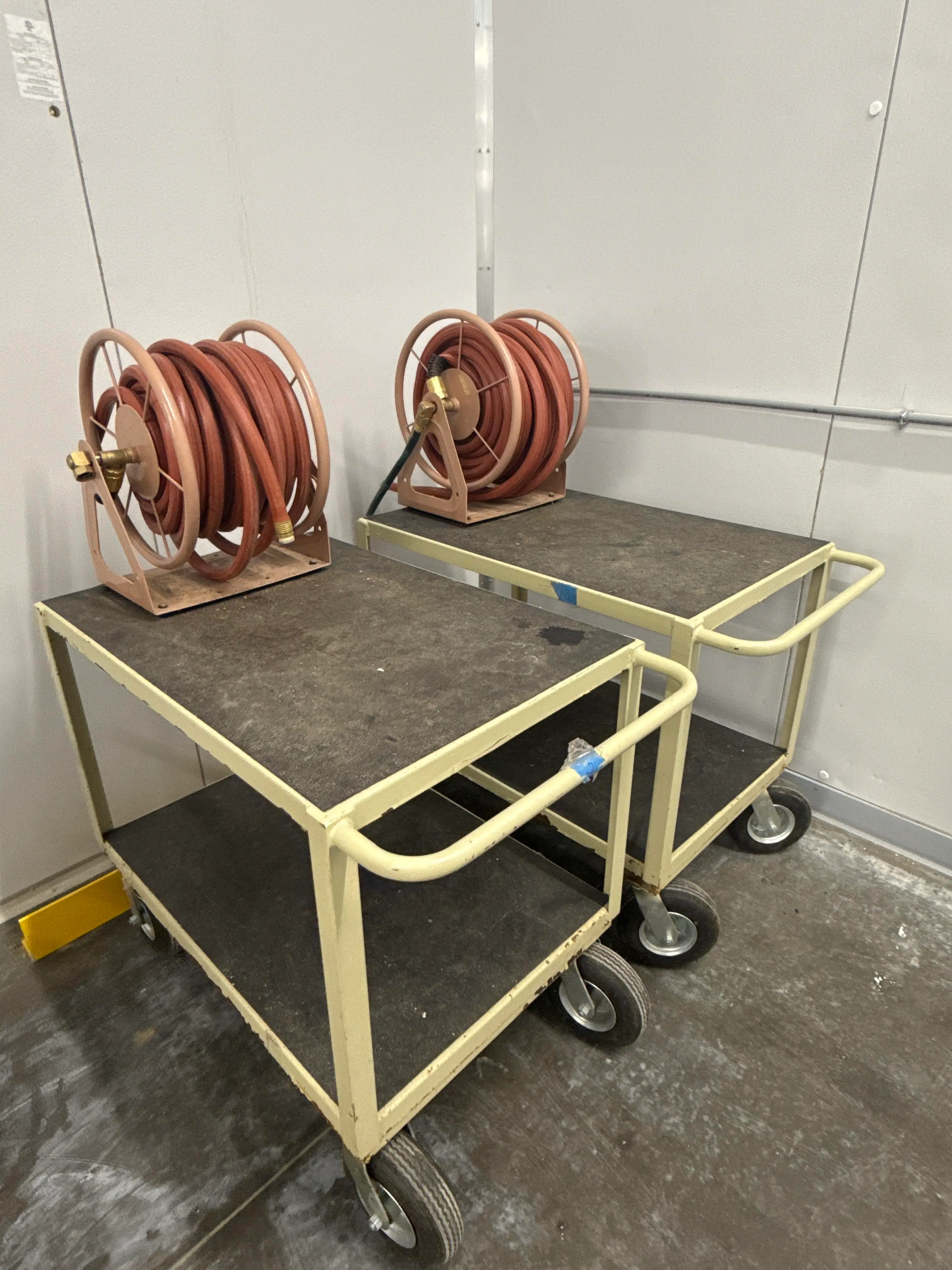 (2) Heavy Duty Rolling Utility Carts with Shelf Decks and Hose Reels