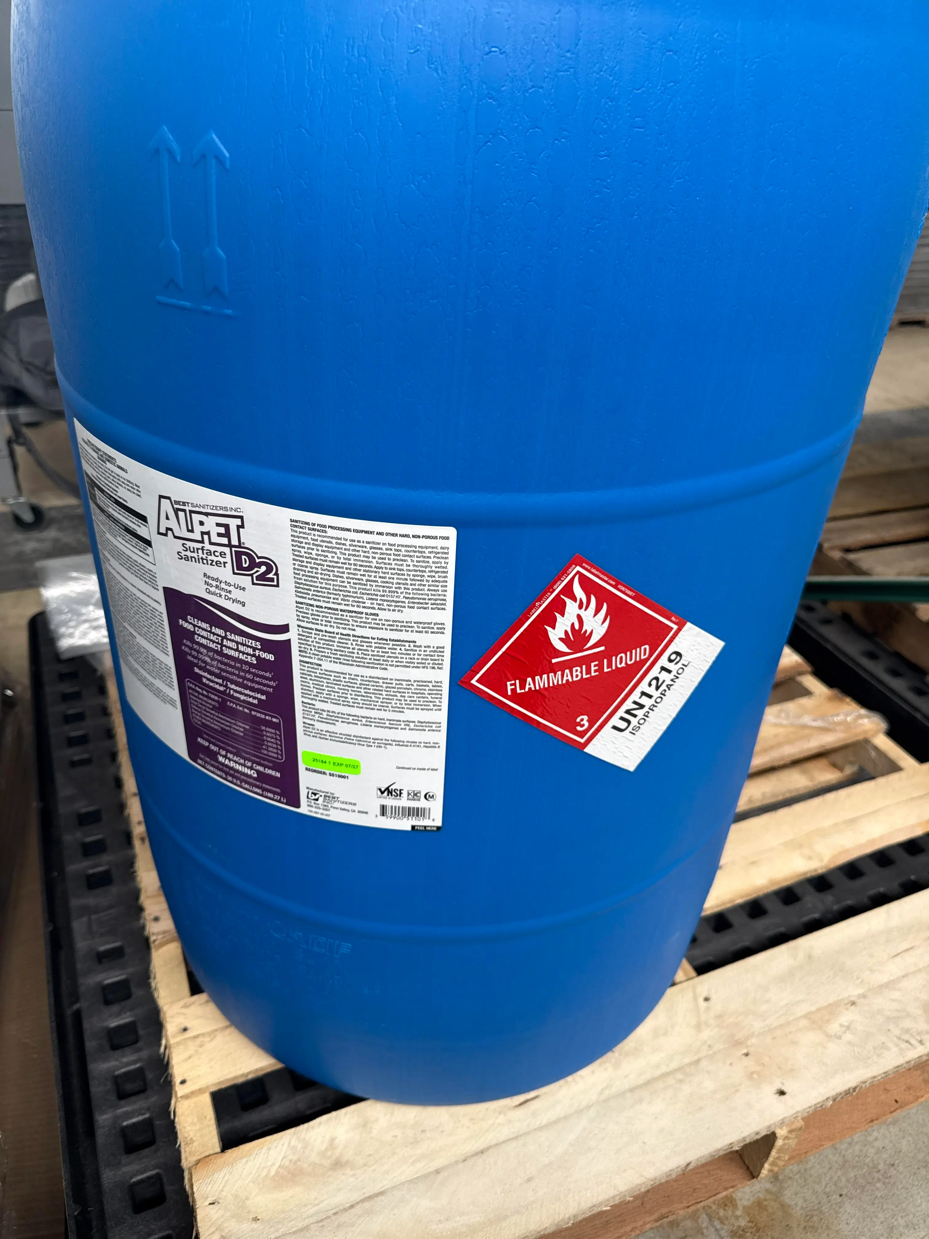55 Gallon APE T D2 Sanitizer Drum UN1219 Flammable w Spill Containment Pallet