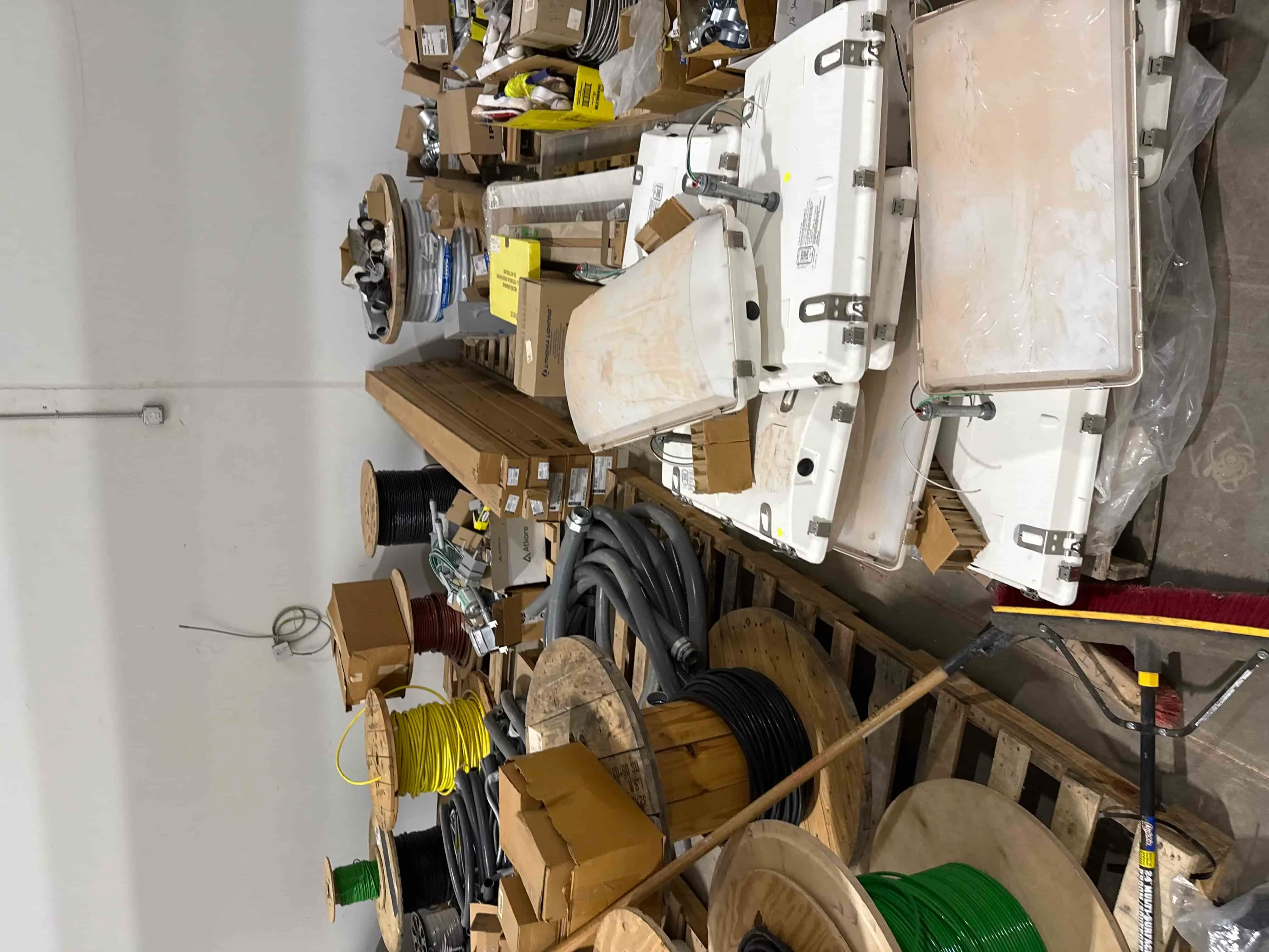 SB80: Palletized Lot of Electrical Components, Conduit, Wiring, Connectors, Lighting Fixtures, and Installation Hardware – Mixed Inventory