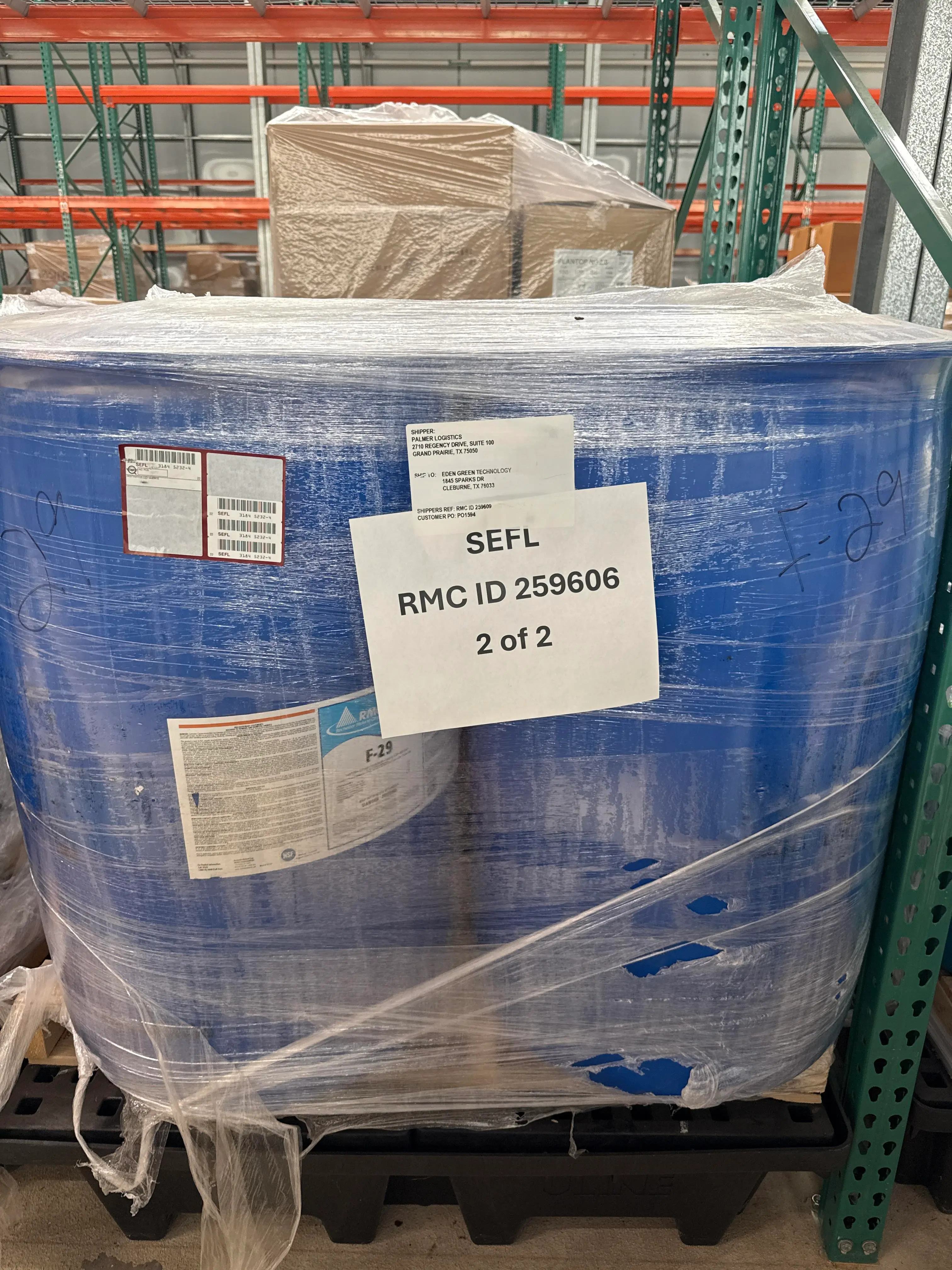 (4) SaniDate 5.0 RMC Drums Food Processing Sanitizer w Spill Containment Pallet