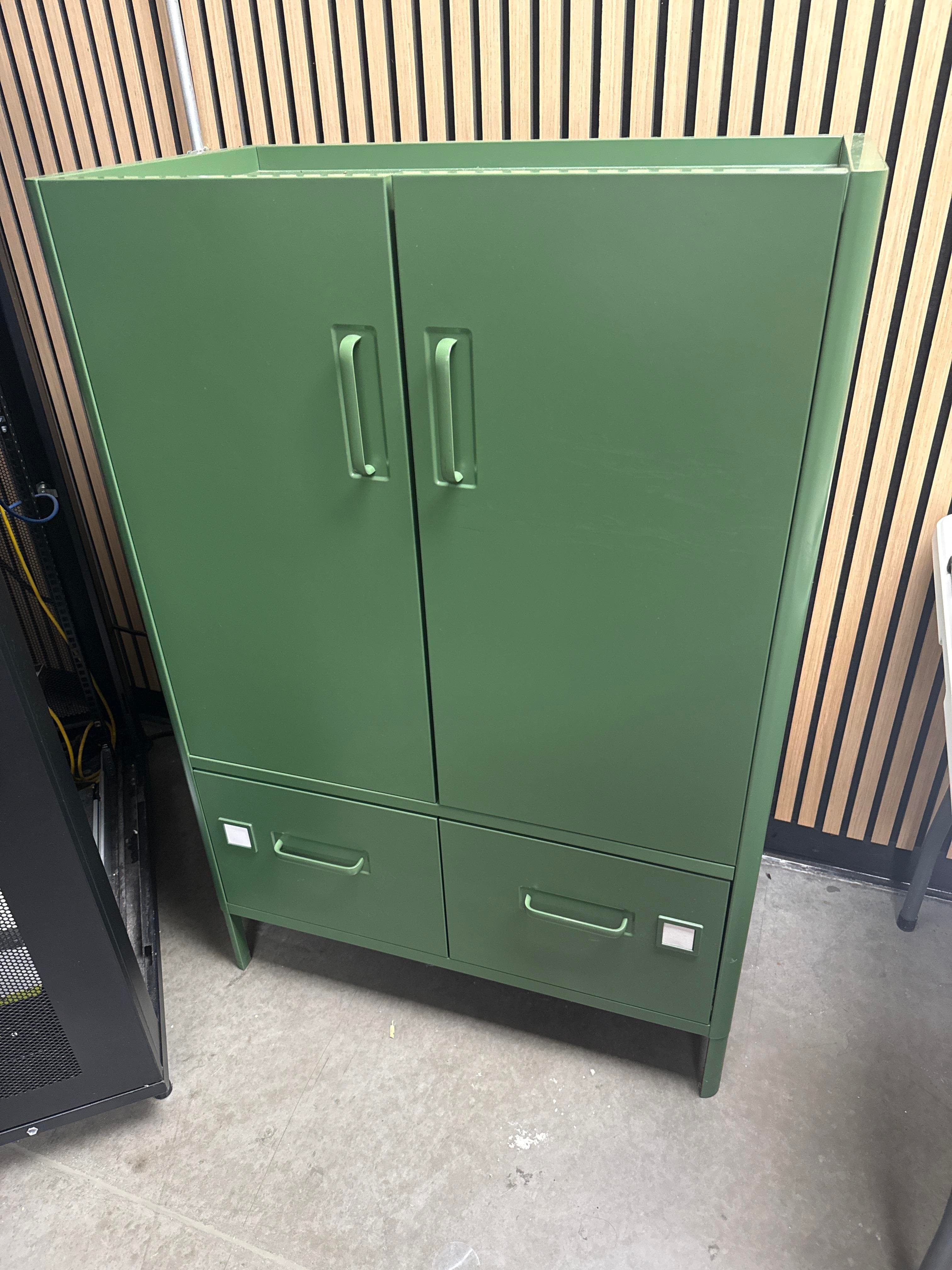 Green Metal Storage Cabinet with Dual Doors and Lower Drawers