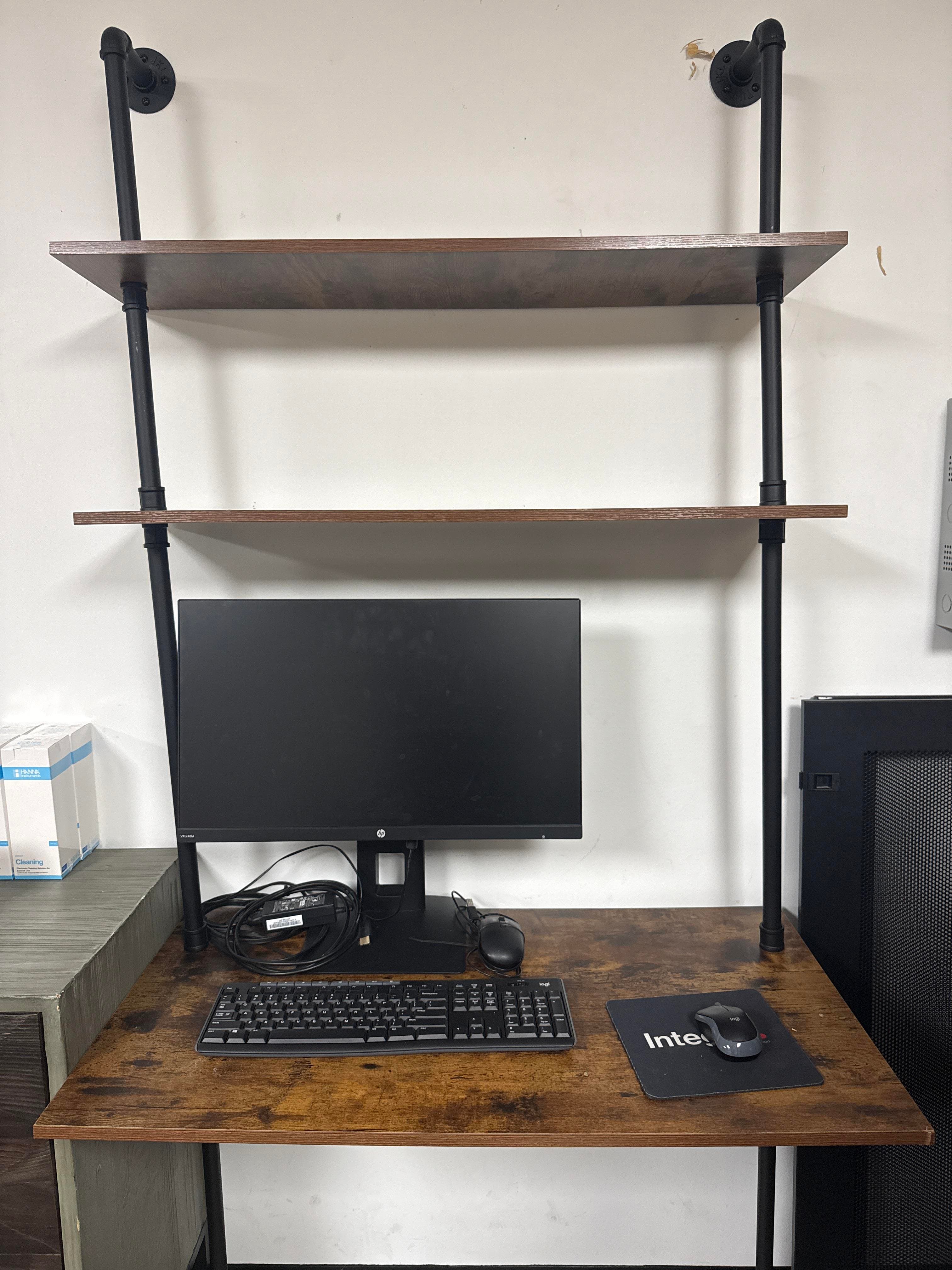 Industrial Pipe Frame Desk with Shelves, HP Monitor, Keyboard & Mouse
