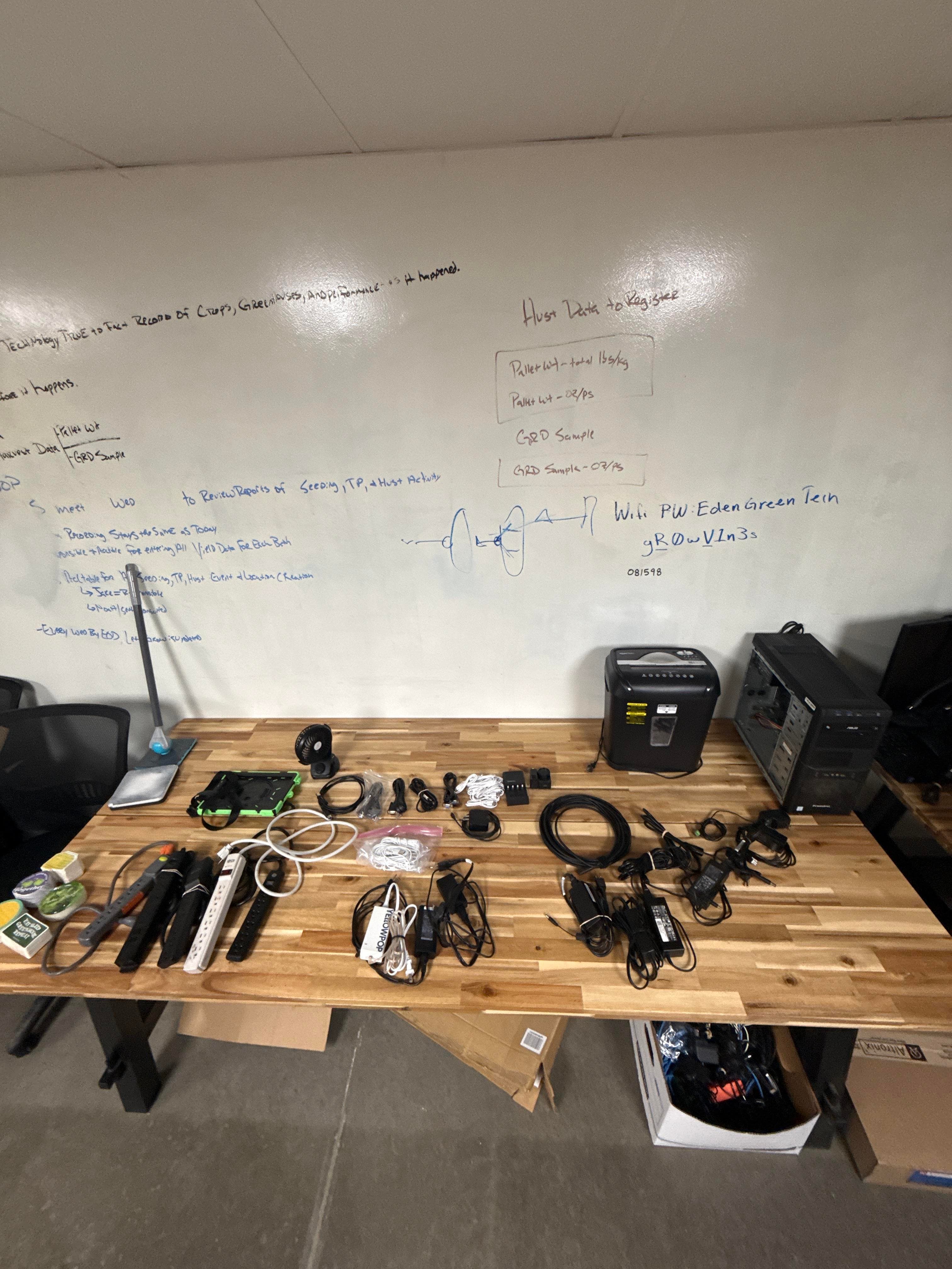 Large Butcher Block Style Office Desk with Whiteboard Wall and Misc Accessories