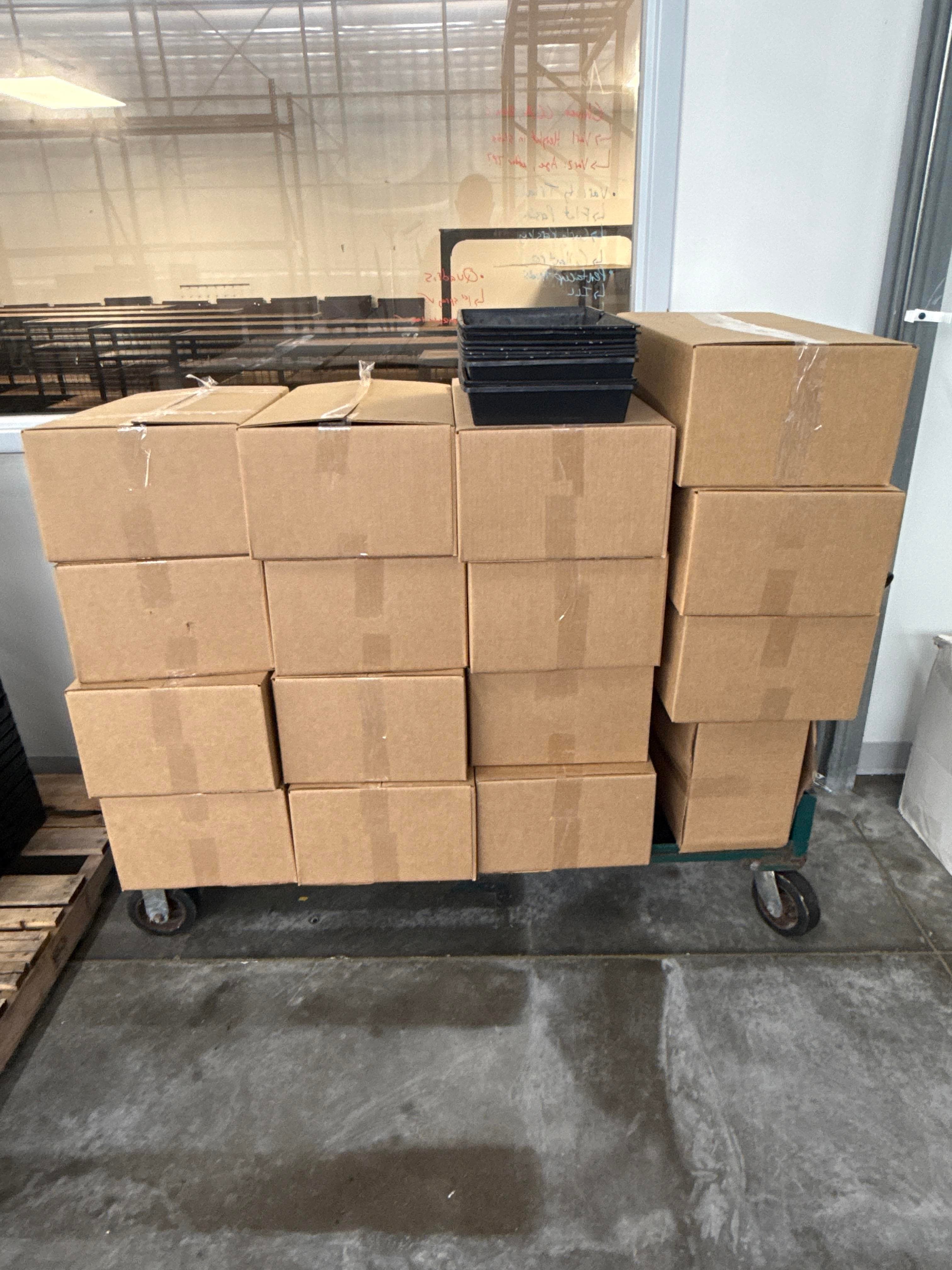 Large Lot of Plastic Propagation Trays Flats Inserts on Rolling Cart