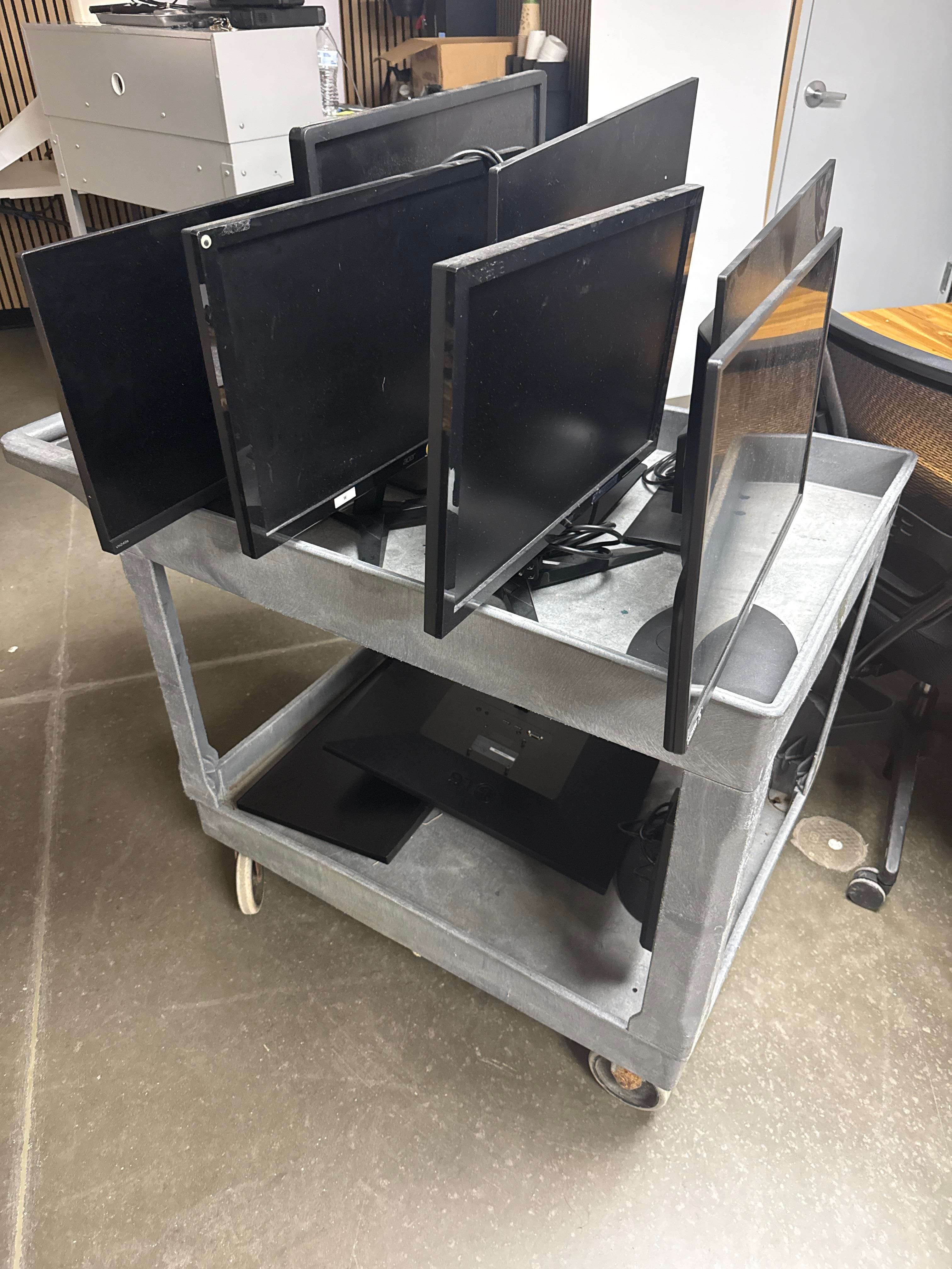 Lot of 10 Flat Panel Computer Monitors with Rolling Utility Cart
