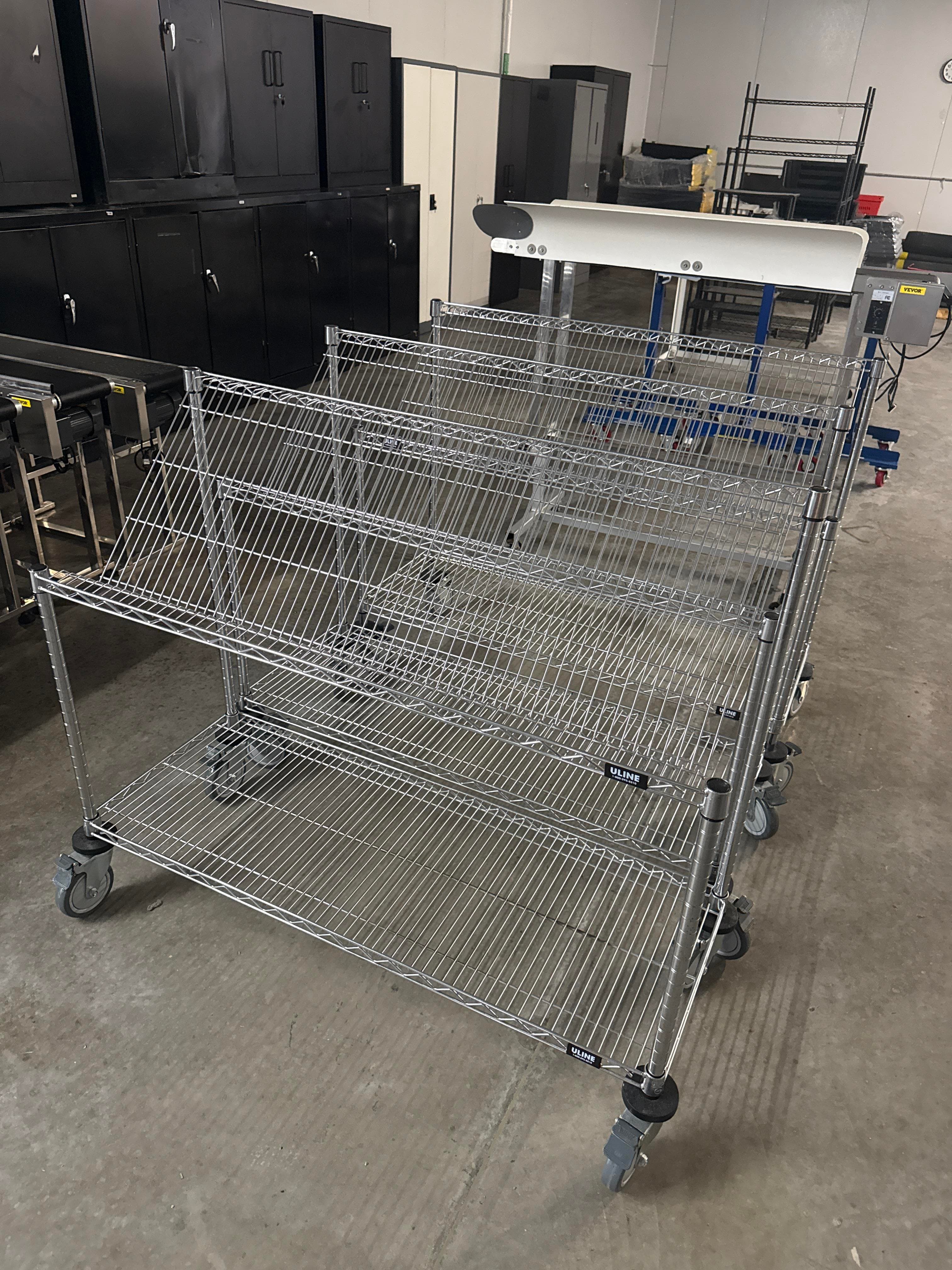 Lot of 3 Uline Rolling Wire Merchandising Carts with Sloped Basket Shelves