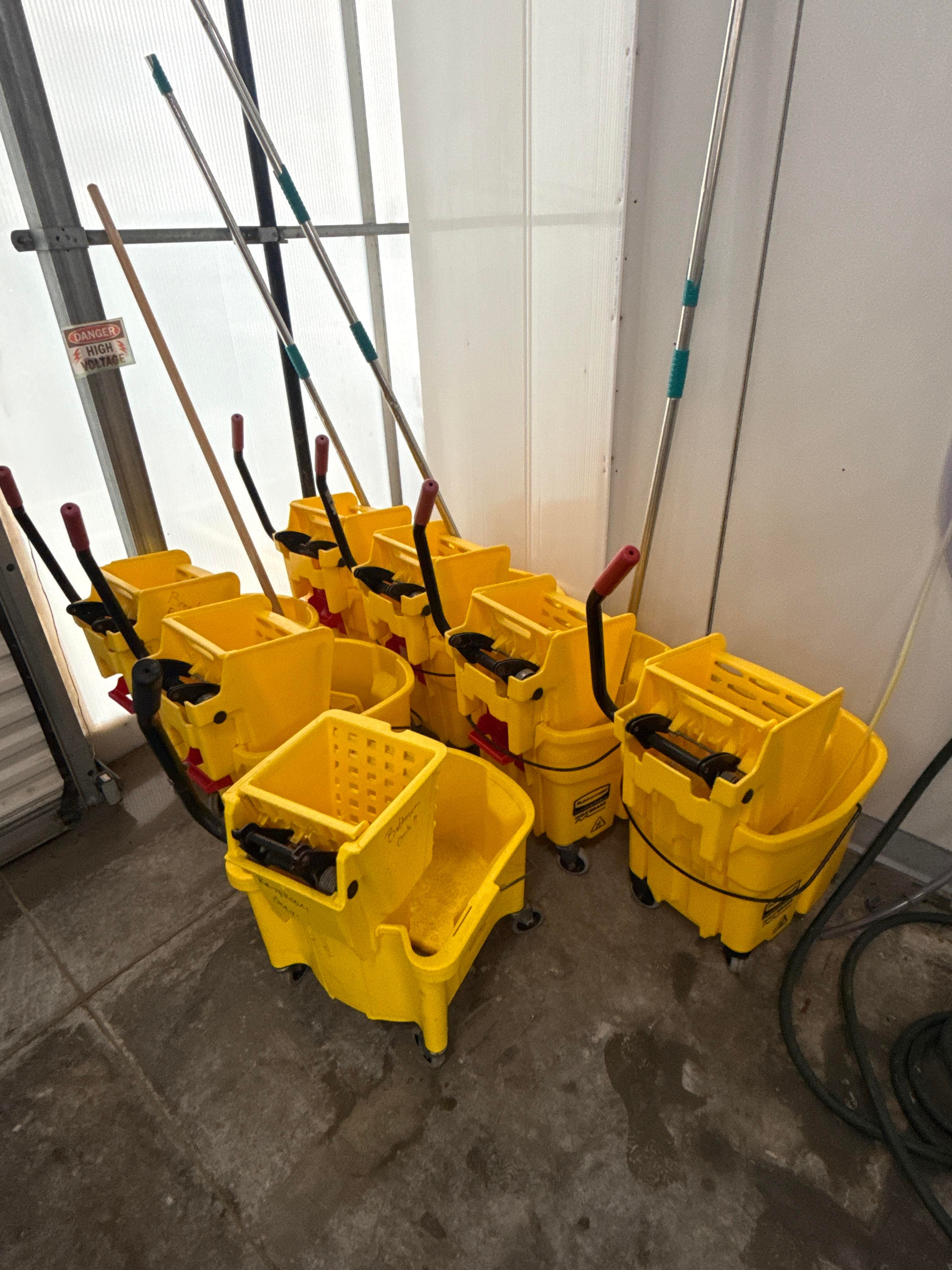 Lot of 7 Commercial Mop Buckets with Side Press Wringers