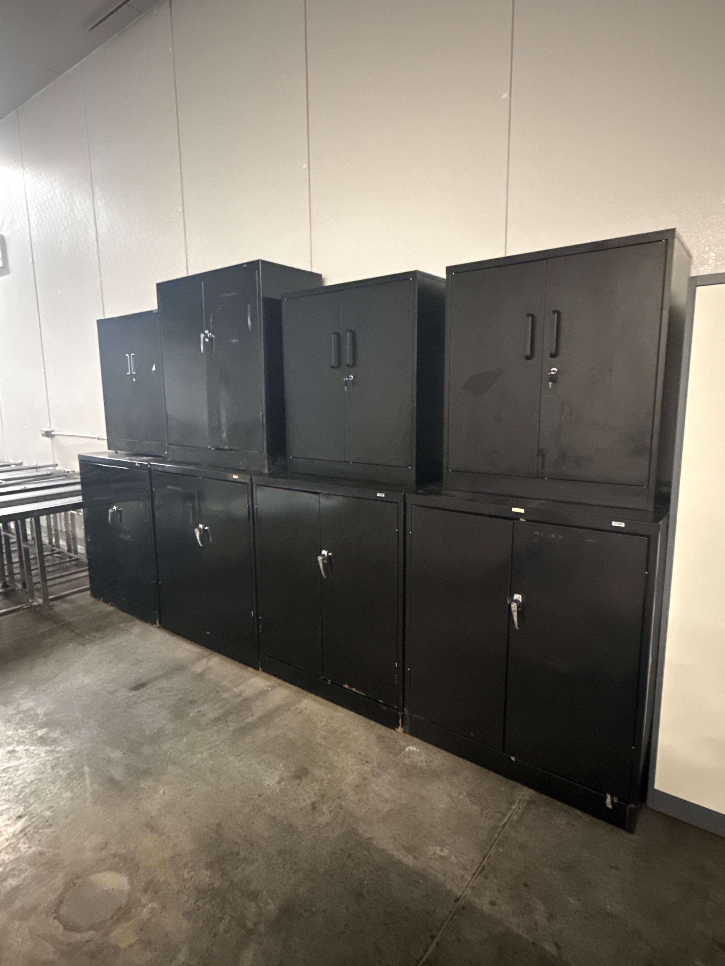 Lot of 8 Black Metal Storage Cabinets, Locking Shop Office Supply Cabinets