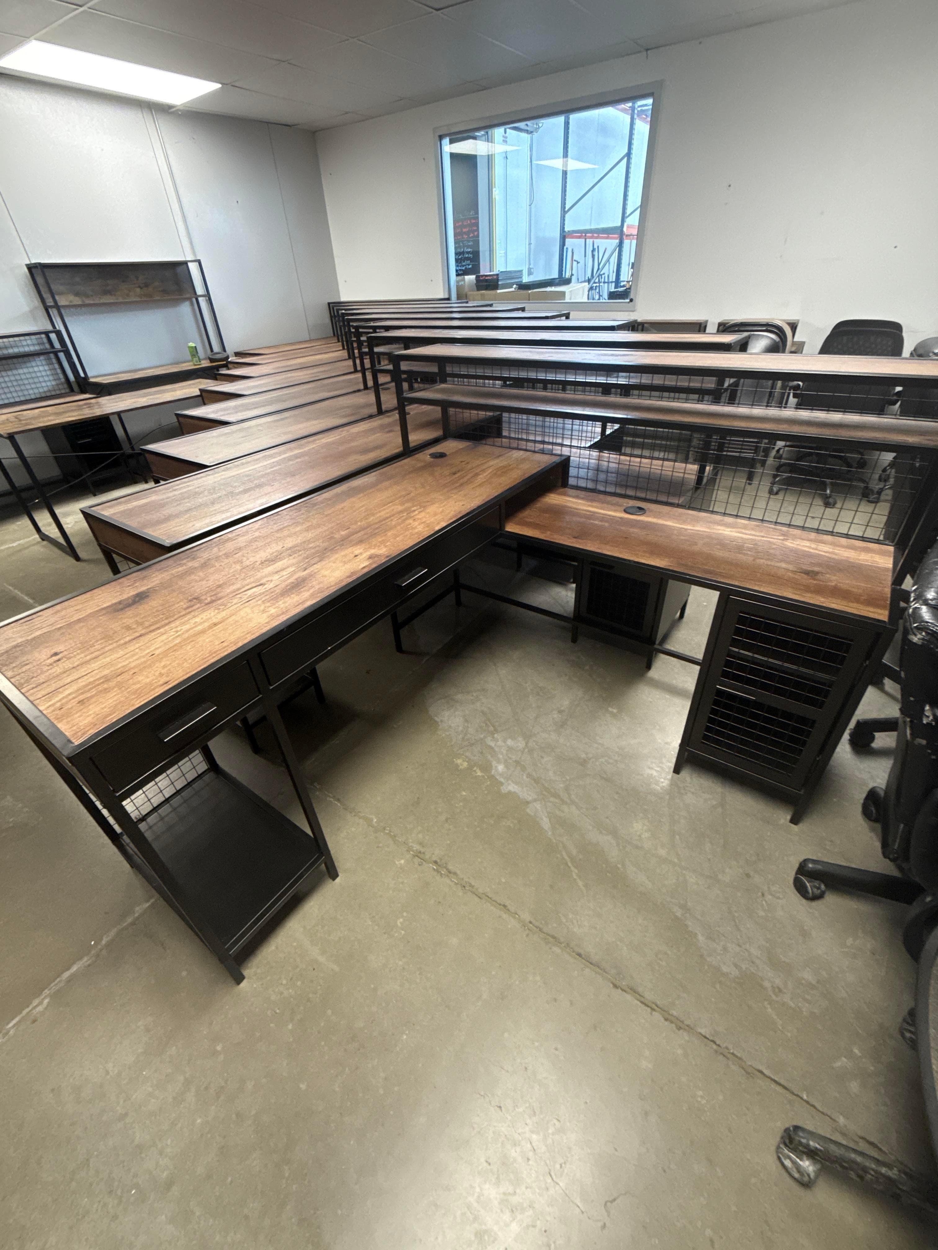 Lot of 8 Wood Look Computer Desks with Hutch Shelves and Metal Frames