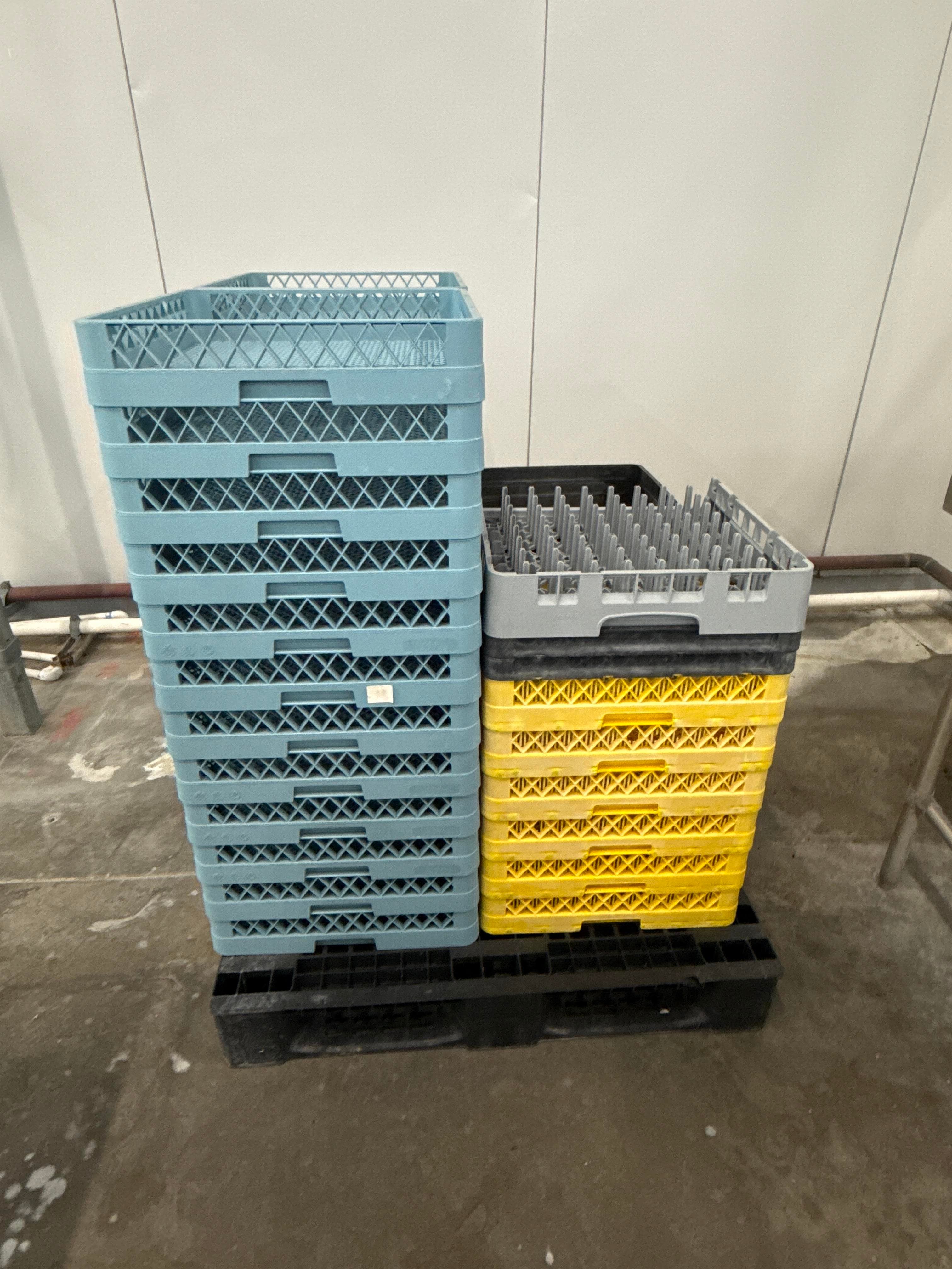 Lot of Commercial Dishwasher Racks with Plastic Pallet