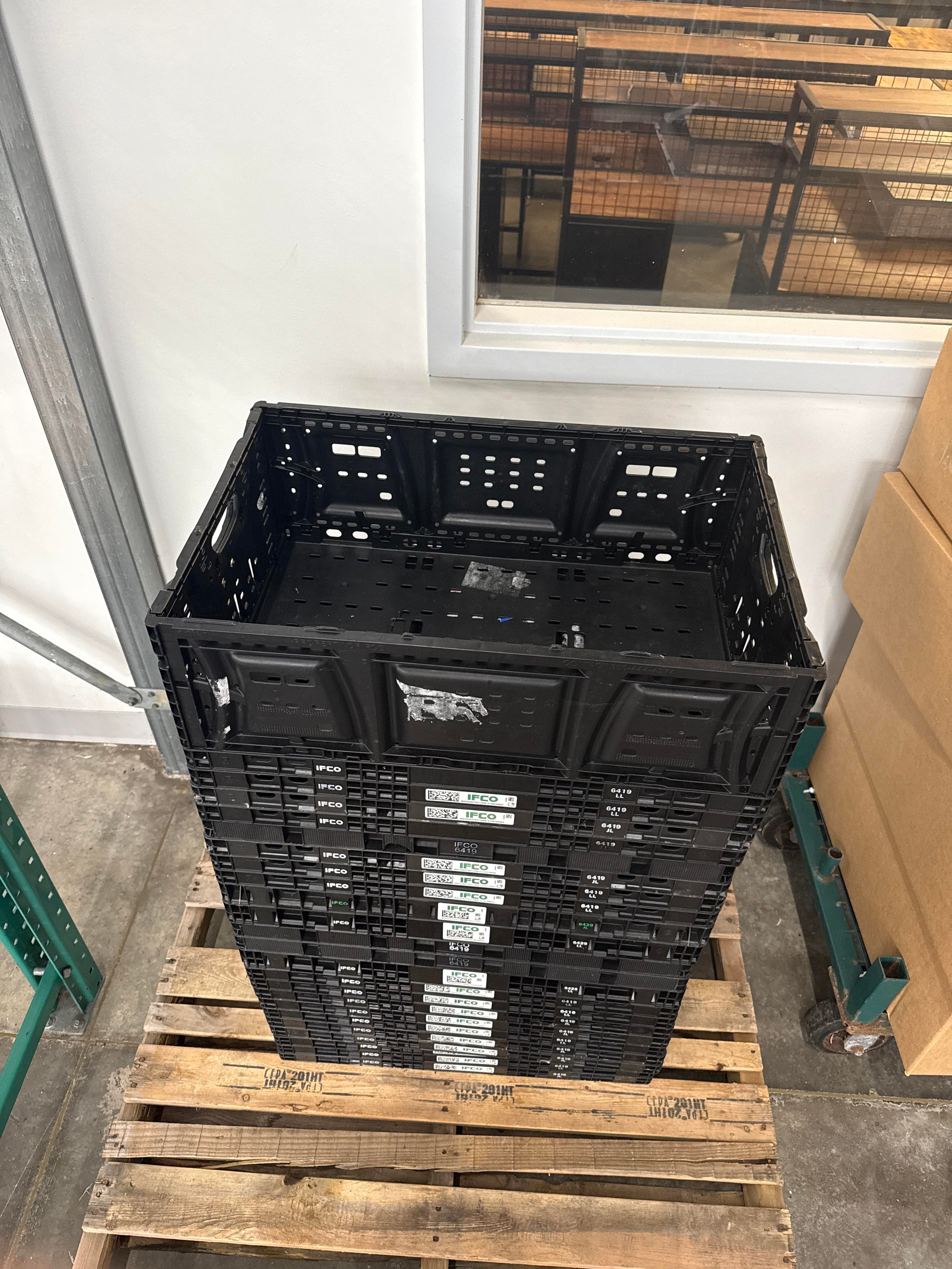 Lot of IFCO Stackable Plastic Produce Harvest Totes Crates on Pallet