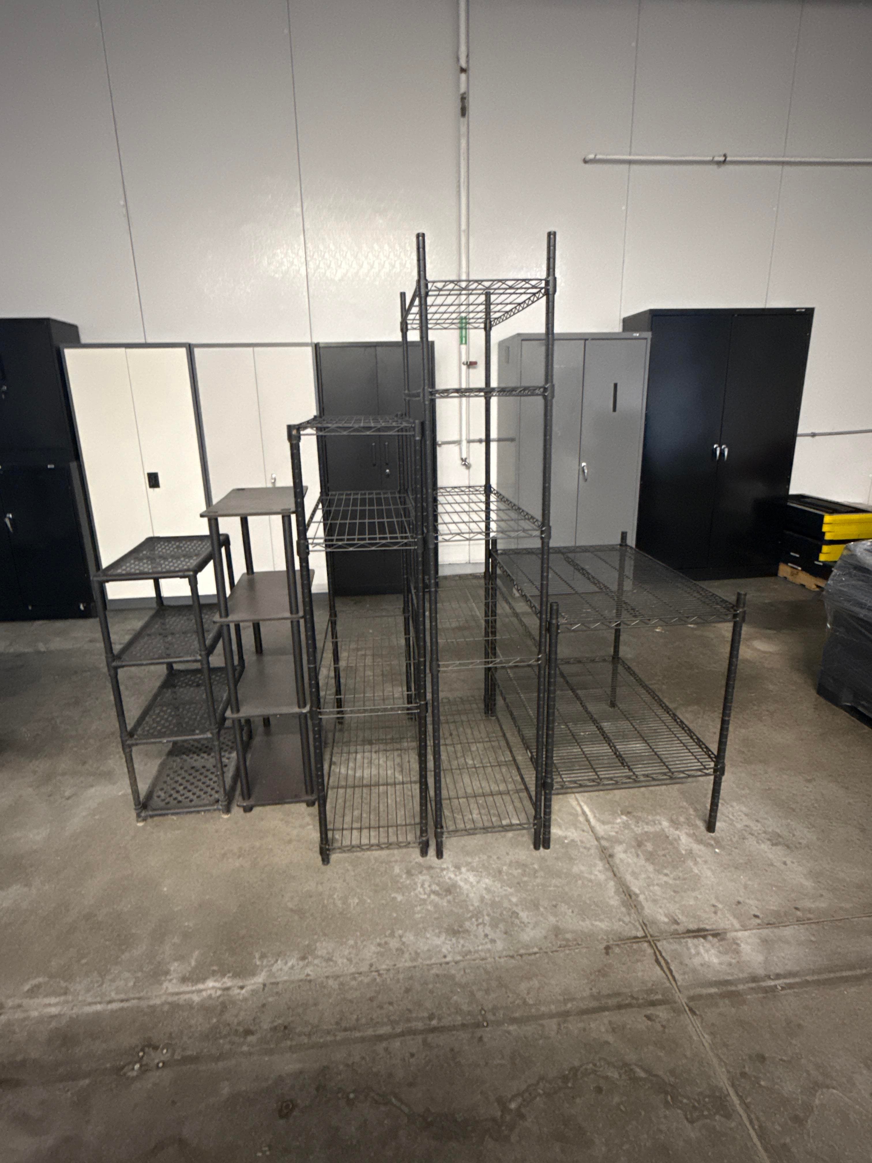 Lot of Wire Shelving Racks and Plastic Utility Shelves, Mixed Storage Units