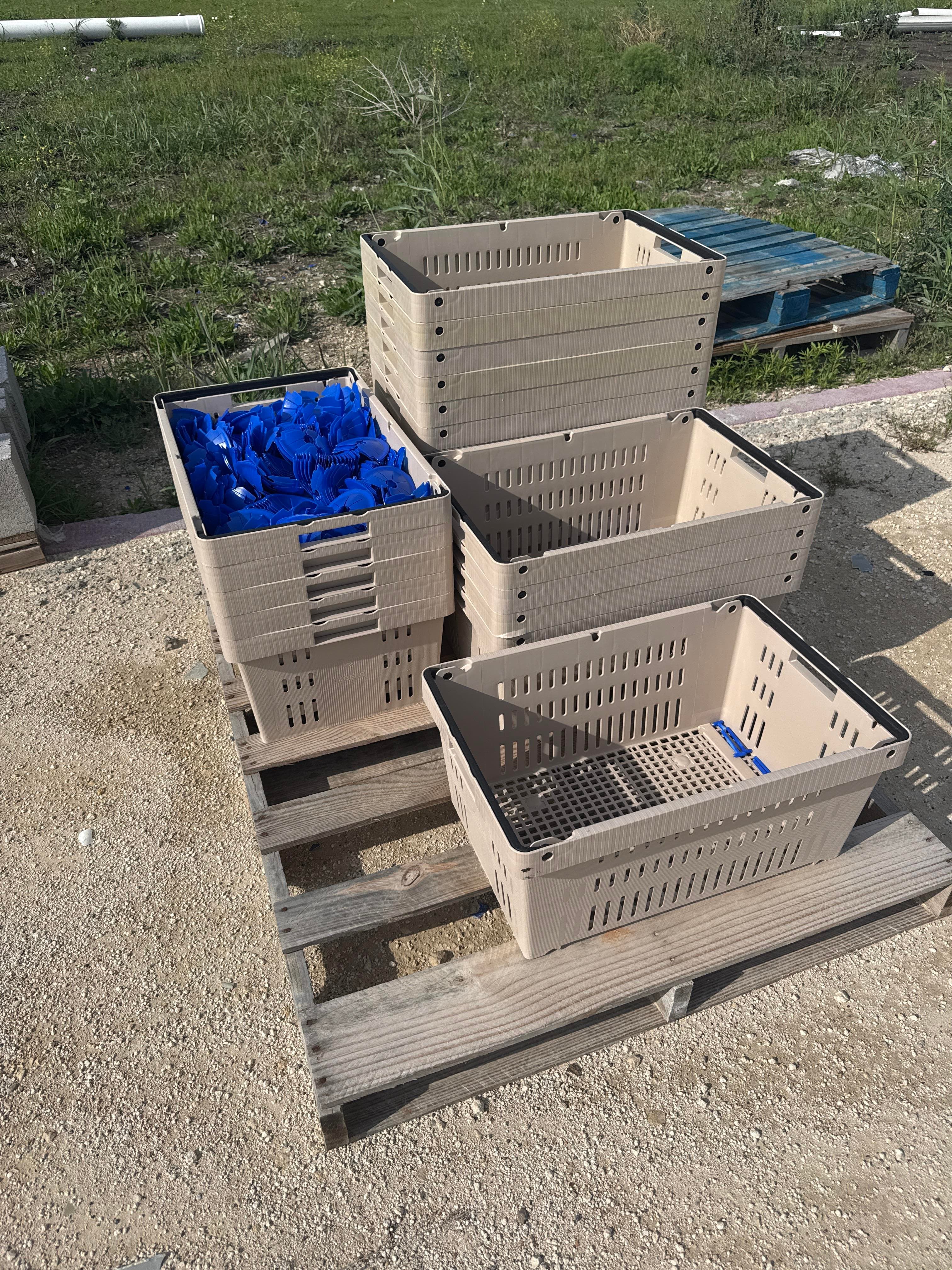 Stackable Plastic Harvest Totes Bins with Blue Clips Inserts Qty Assorted