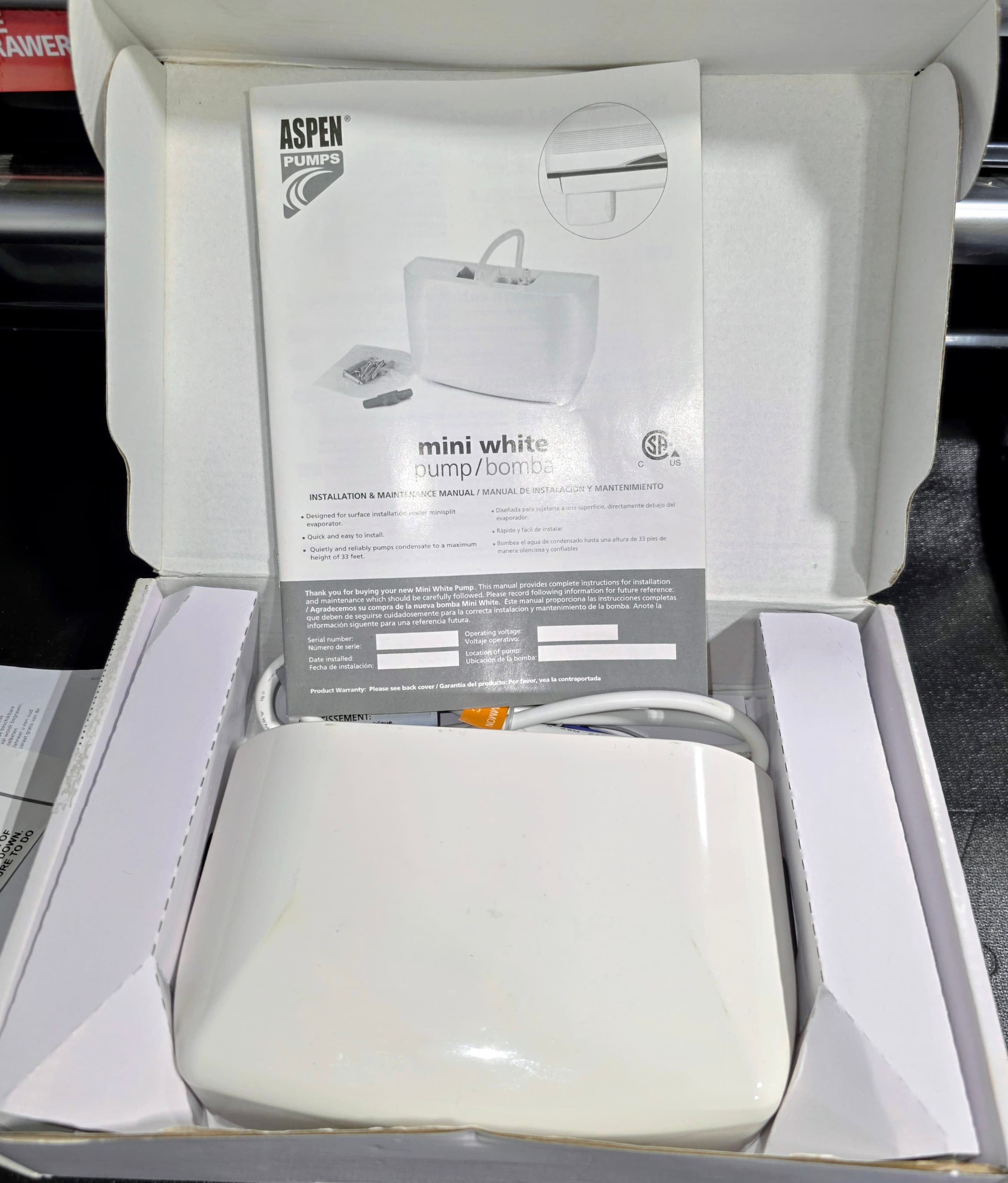 Aspen Pumps Mini White Condensate Pump Kit (100-250V, 33 ft. Max Lift) - New in Box