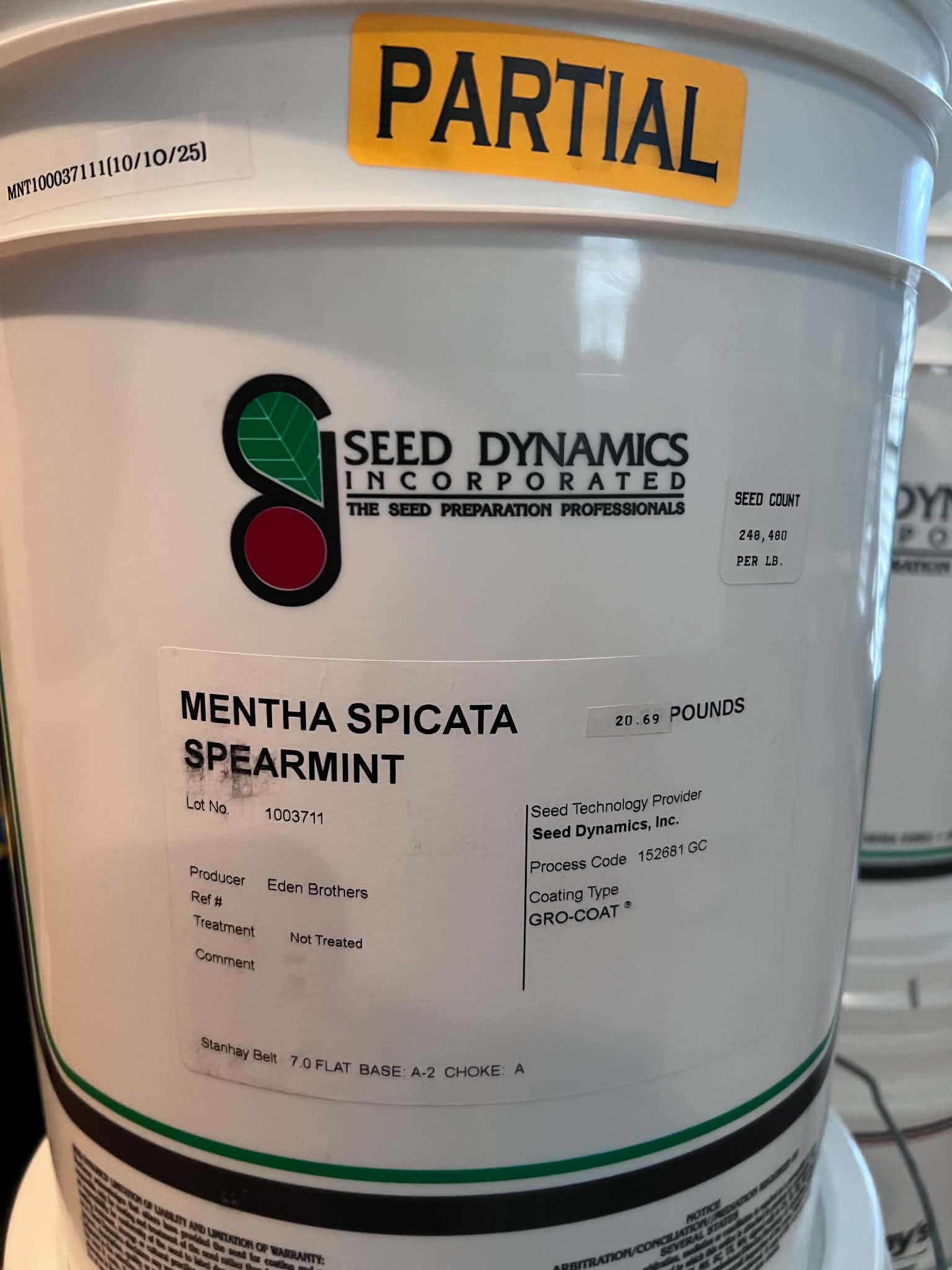 Spearmint, Mentha Spicata GRO-COAT PARTIAL | 20.69 lbs | Lot 1003711 | FOB Dallas, TX