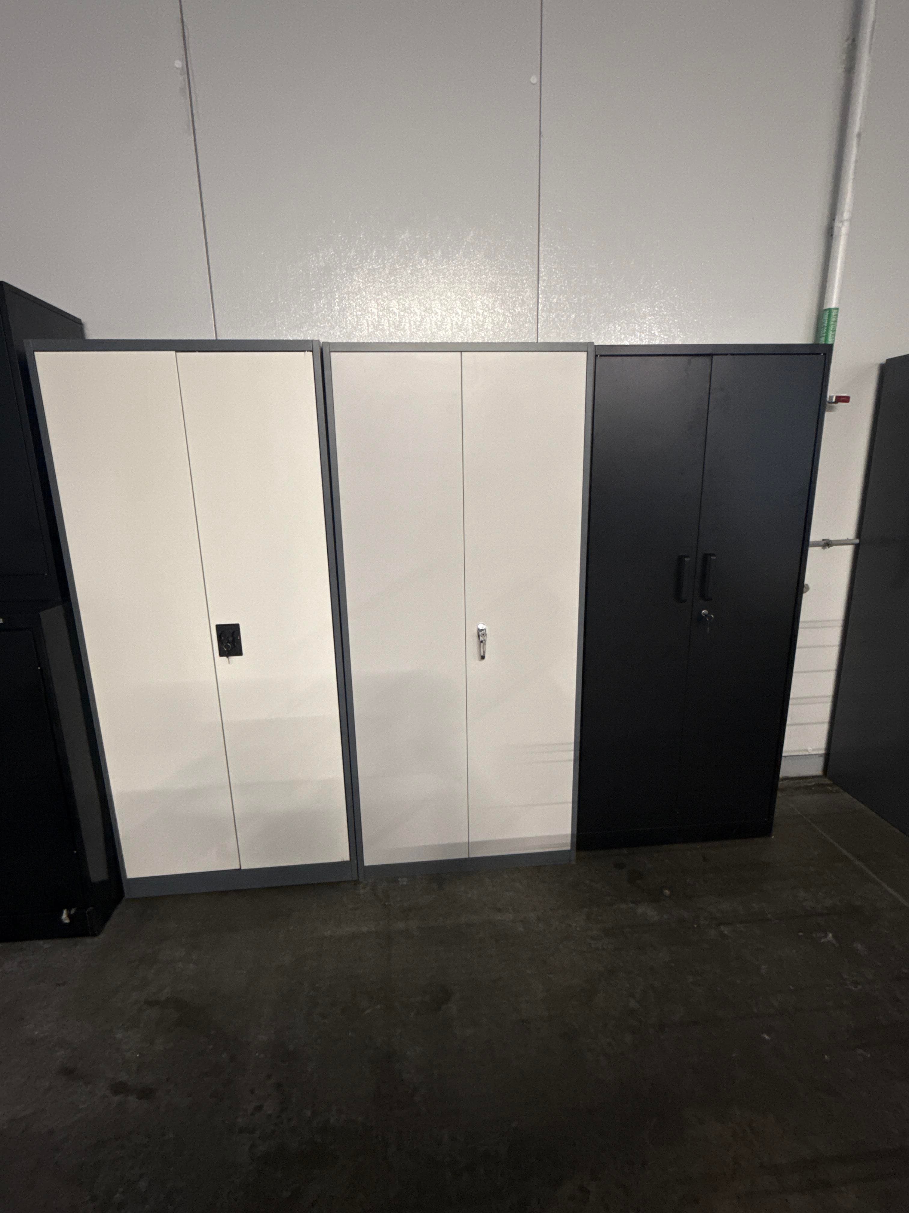Three Metal Storage Cabinets, Locking Double Door Office Shop Cabinets