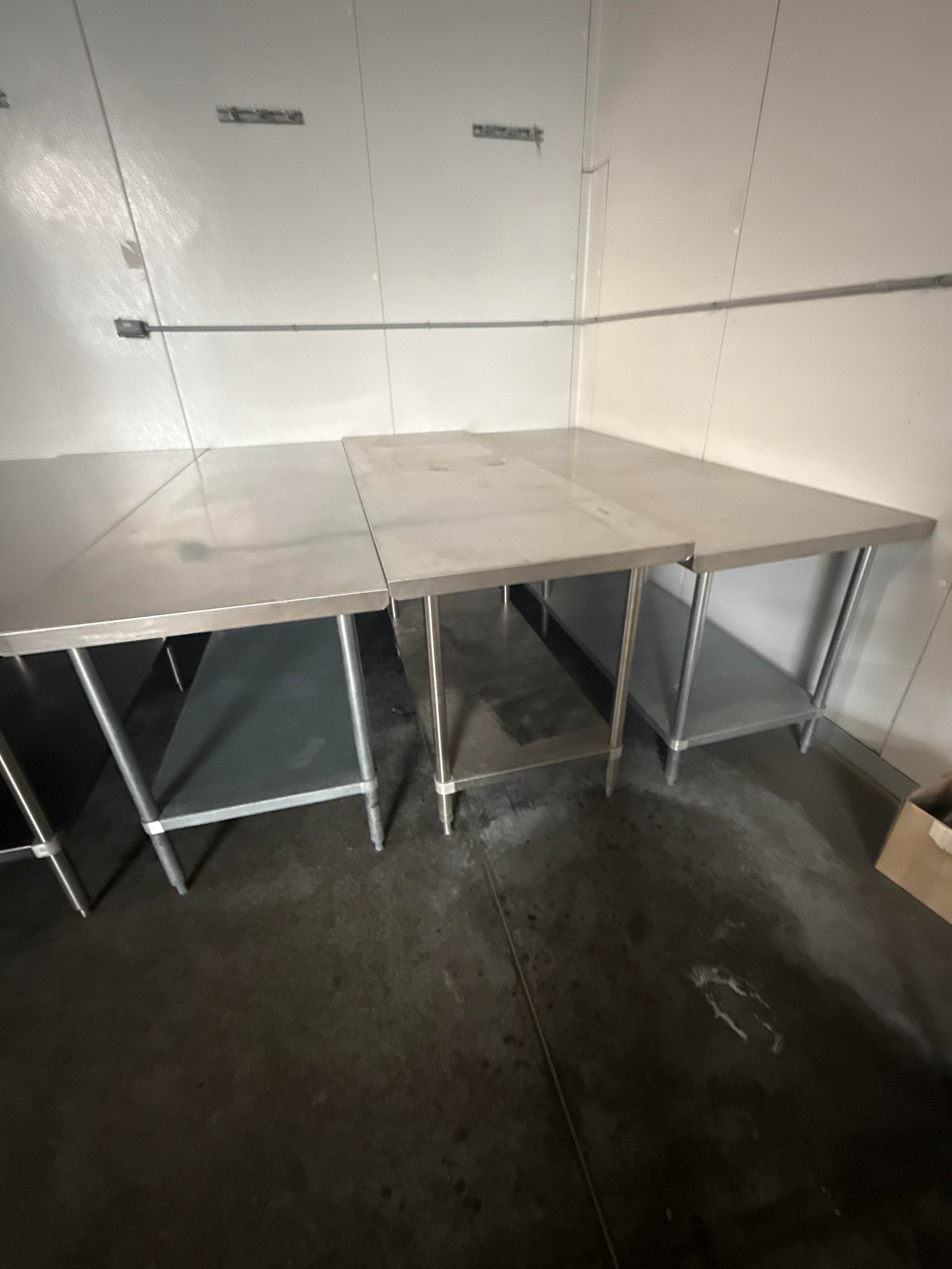 Three Stainless Steel Commercial Prep Work Tables with Undershelves