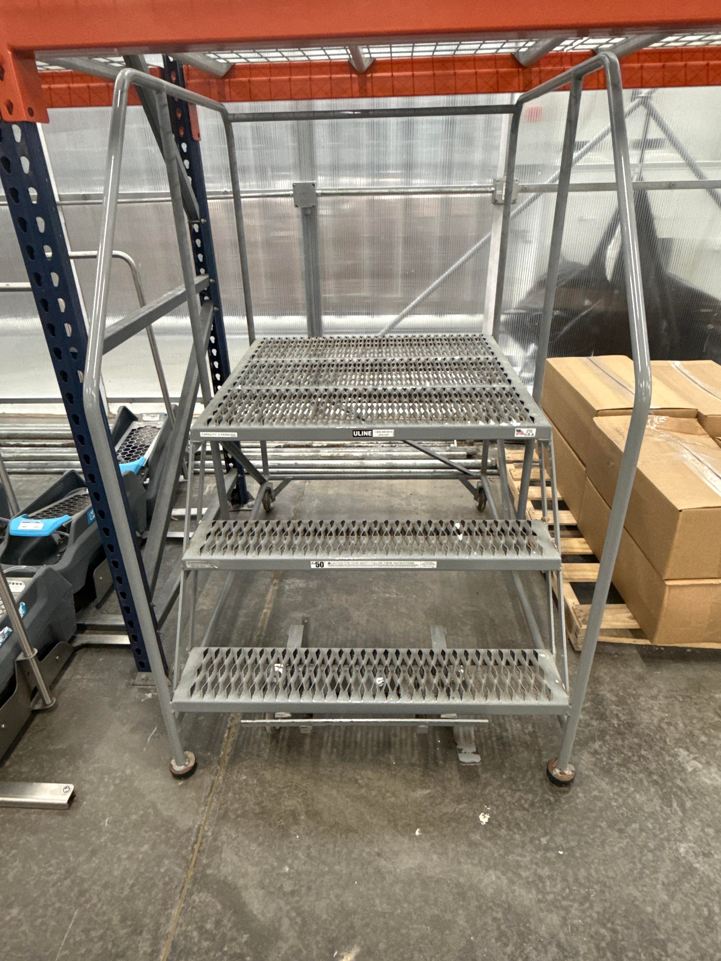 Uline Rolling Safety Ladder with Extra-Wide Platform - 3-Step Industrial Work Stand