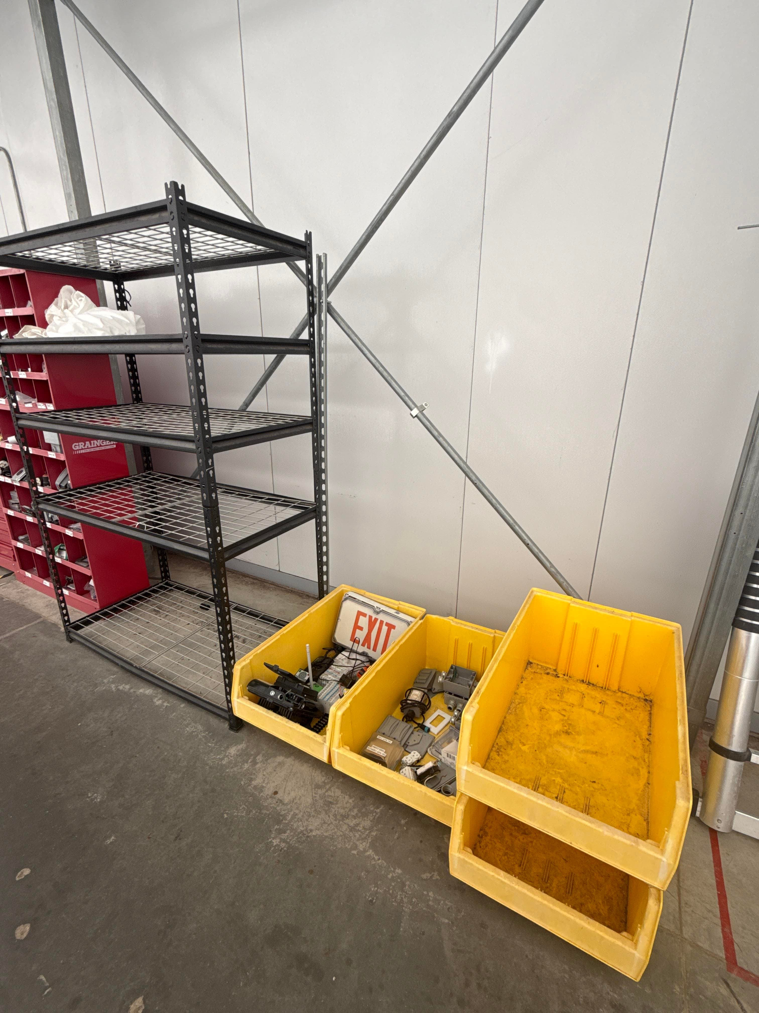 Wire Shelving Rack, Plastic Bins, Exit Sign & Electrical Parts