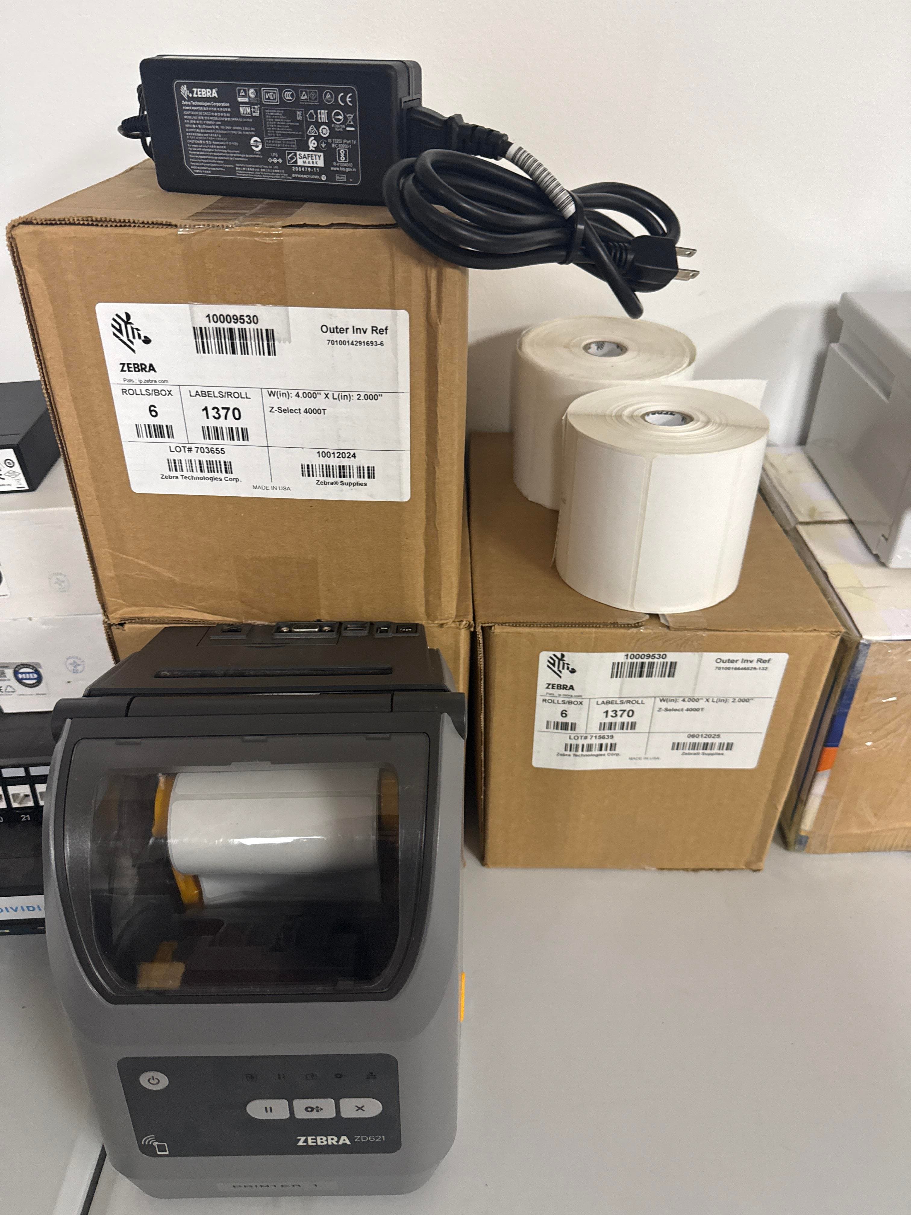 Zebra ZD621 Label Printer with Power Supply and Bulk 4x2 Labels